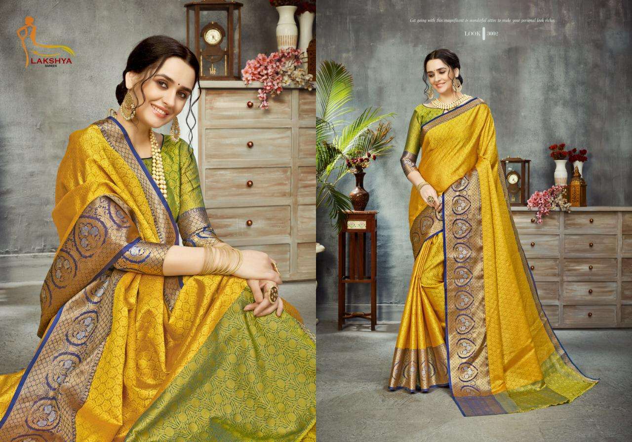 GLAMOUR VOL-1 BY LAKSHYA 3001 TO 3005 SERIES INDIAN TRADITIONAL WEAR COLLECTION BEAUTIFUL STYLISH FANCY COLORFUL PARTY WEAR & OCCASIONAL WEAR PURE BANARASI SILK SAREES AT WHOLESALE PRICE