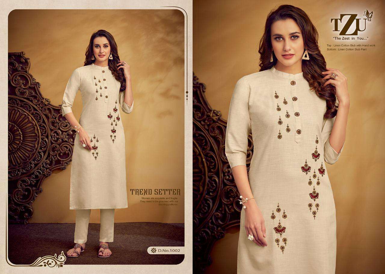 AMAYA BY TZU 1001 TO 1004 SERIES DESIGNER STYLISH FANCY COLORFUL BEAUTIFUL PARTY WEAR & ETHNIC WEAR COLLECTION LINEN COTTON KURTIS WITH BOTTOM AT WHOLESALE PRICE