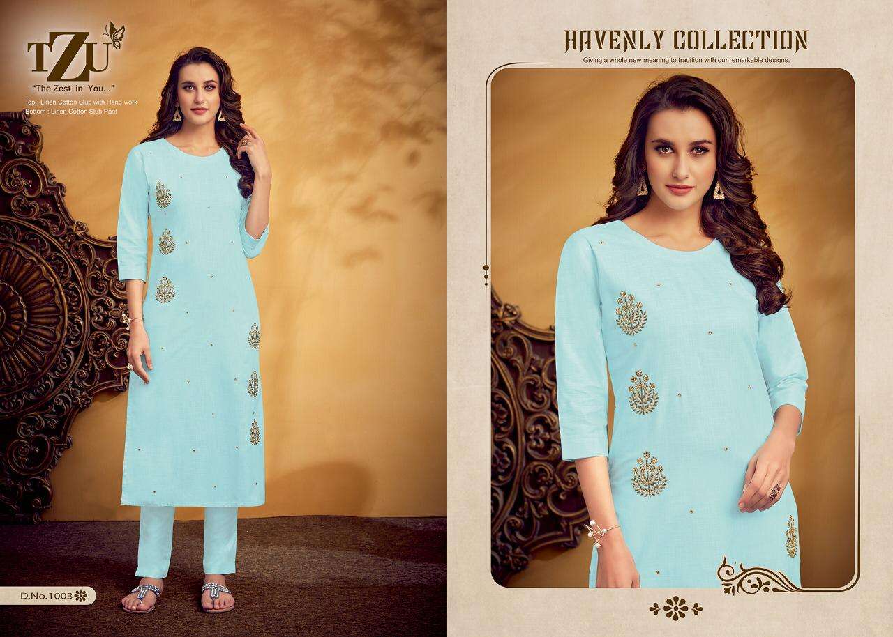 AMAYA BY TZU 1001 TO 1004 SERIES DESIGNER STYLISH FANCY COLORFUL BEAUTIFUL PARTY WEAR & ETHNIC WEAR COLLECTION LINEN COTTON KURTIS WITH BOTTOM AT WHOLESALE PRICE