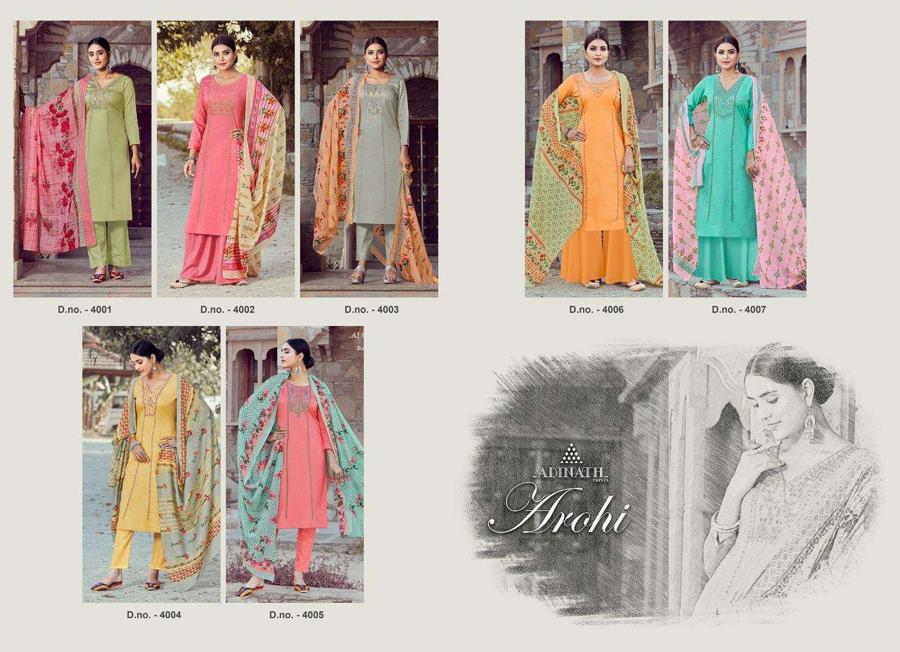 AROHI BY ADINATH PRINTS 4001 TO 4007 SERIES BEAUTIFUL SUITS COLORFUL STYLISH FANCY CASUAL WEAR & ETHNIC WEAR HEAVY JAM COTTON PRINT WITH EMBROIDERY DRESSES AT WHOLESALE PRICE