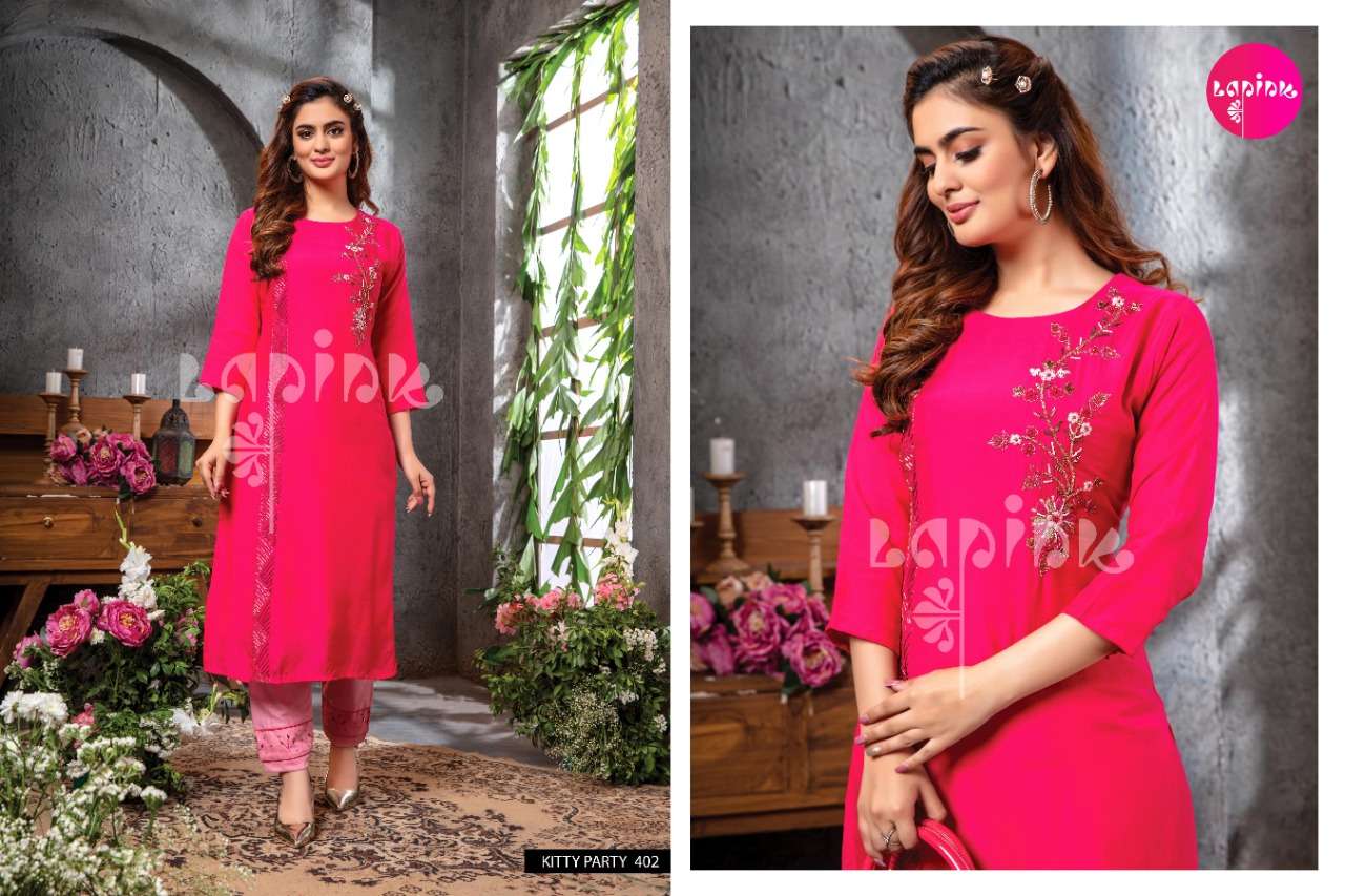 KITTY PARTY VOL-4 BY LAPINK 401 TO 405 SERIES BEAUTIFUL STYLISH FANCY COLORFUL CASUAL WEAR & ETHNIC WEAR & READY TO WEAR MUSLIN KURTIS WITH BOTTOM AT WHOLESALE PRICE