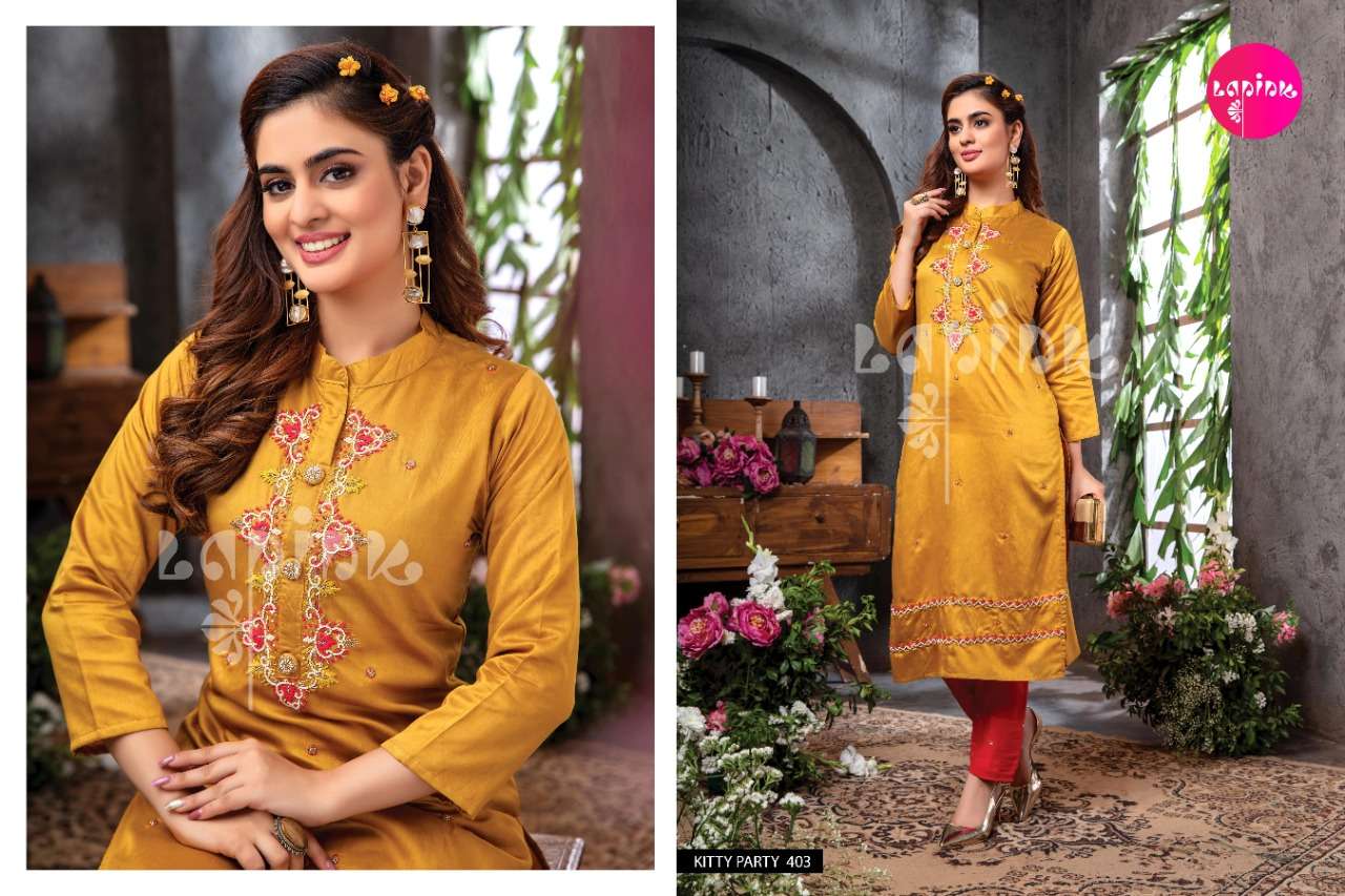 KITTY PARTY VOL-4 BY LAPINK 401 TO 405 SERIES BEAUTIFUL STYLISH FANCY COLORFUL CASUAL WEAR & ETHNIC WEAR & READY TO WEAR MUSLIN KURTIS WITH BOTTOM AT WHOLESALE PRICE