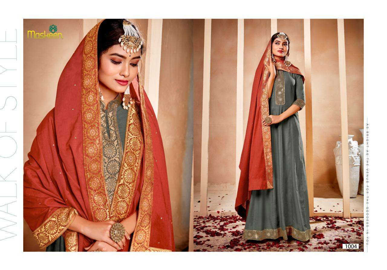 MIRZYA BY MAISHA 1001 TO 1006 SERIES DESIGNER STYLISH FANCY COLORFUL BEAUTIFUL PARTY WEAR & ETHNIC WEAR COLLECTION HEAVY MUSLIN DOLA JACQUARD GOWNS WITH DUPATTA AT WHOLESALE PRICE