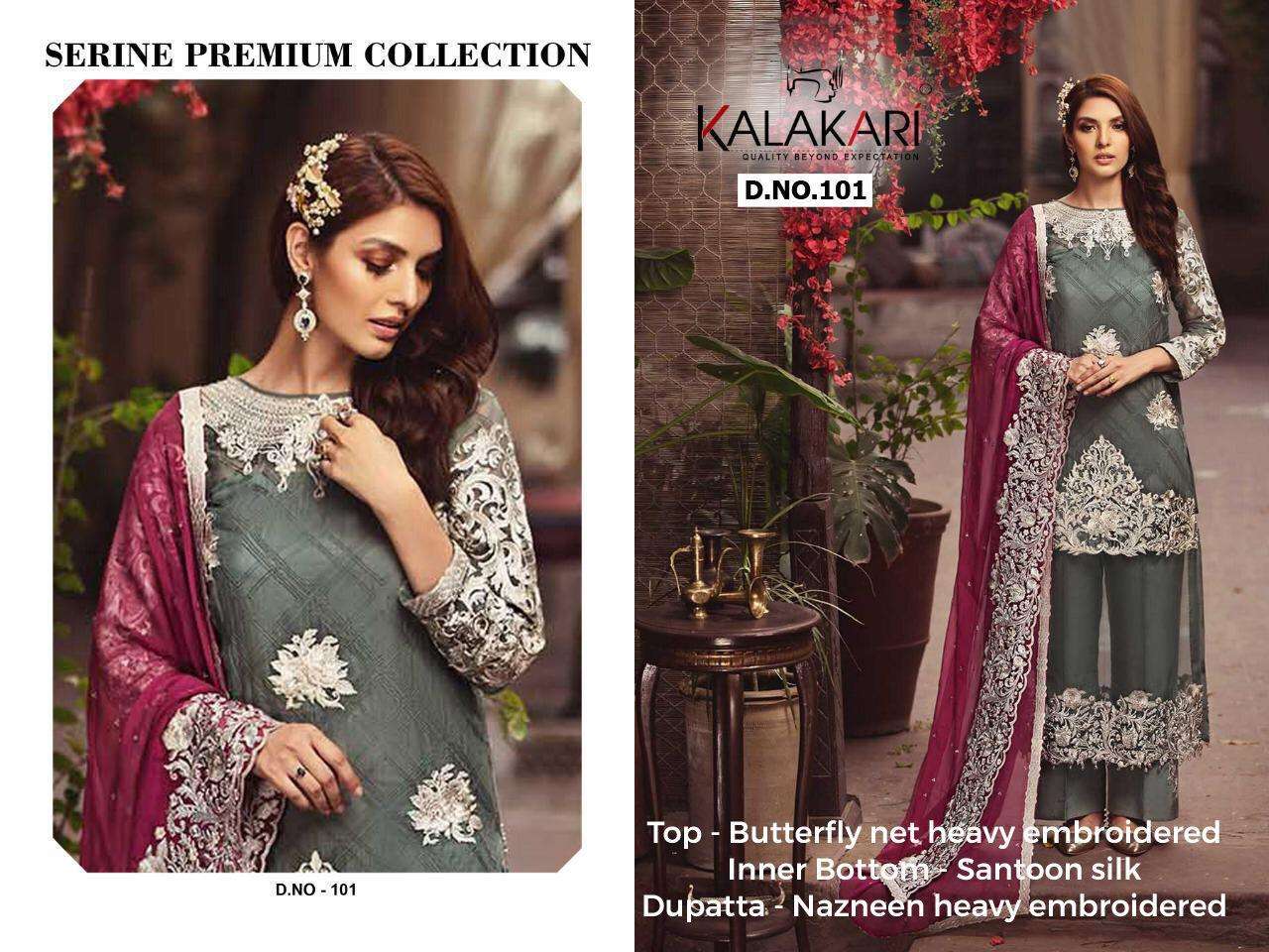 SERINE BY KALAKARI 101 TO 103 SERIES PAKISTANI SUITS BEAUTIFUL FANCY COLORFUL STYLISH PARTY WEAR & OCCASIONAL WEAR BUTTERFLY NET EMBROIDERED DRESSES AT WHOLESALE PRICE