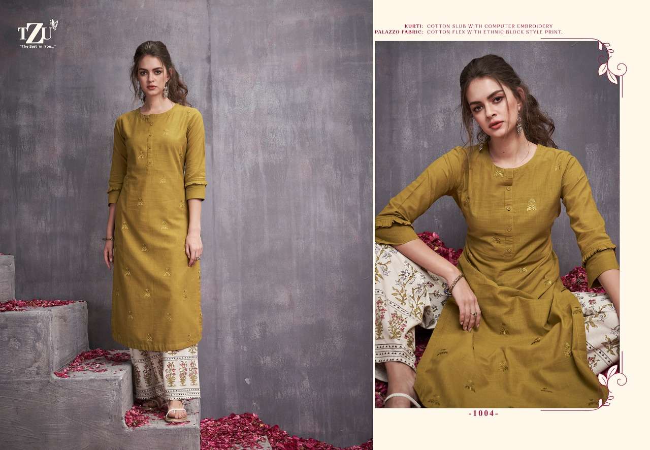 VICTORIA VOL-3 BY TZU 1001 TO 1004 SERIES STYLISH FANCY COLORFUL COLLECTION CASUAL WEAR & ETHNIC WEAR COTTON SLUB EMBROIDERED KURTIS WITH BOTTOM AT WHOLESALE PRICE