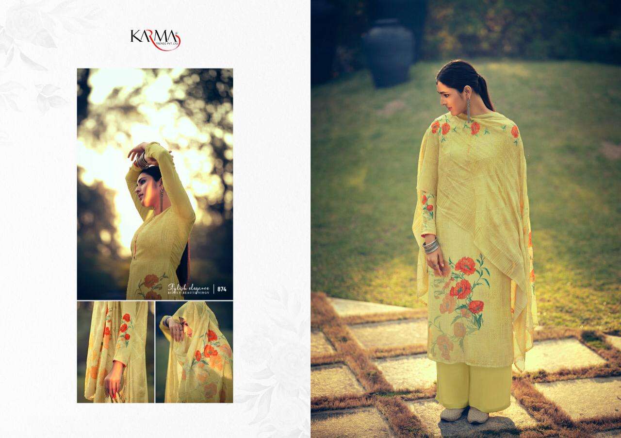 RIWAAZ BY KARMA TRENDZ 873 TO 878 SERIES BEAUTIFUL SUITS COLORFUL STYLISH FANCY CASUAL WEAR & ETHNIC WEAR MUSLIN DIGITAL PRINT WITH EMBROIDERY WORK DRESSES AT WHOLESALE PRICE