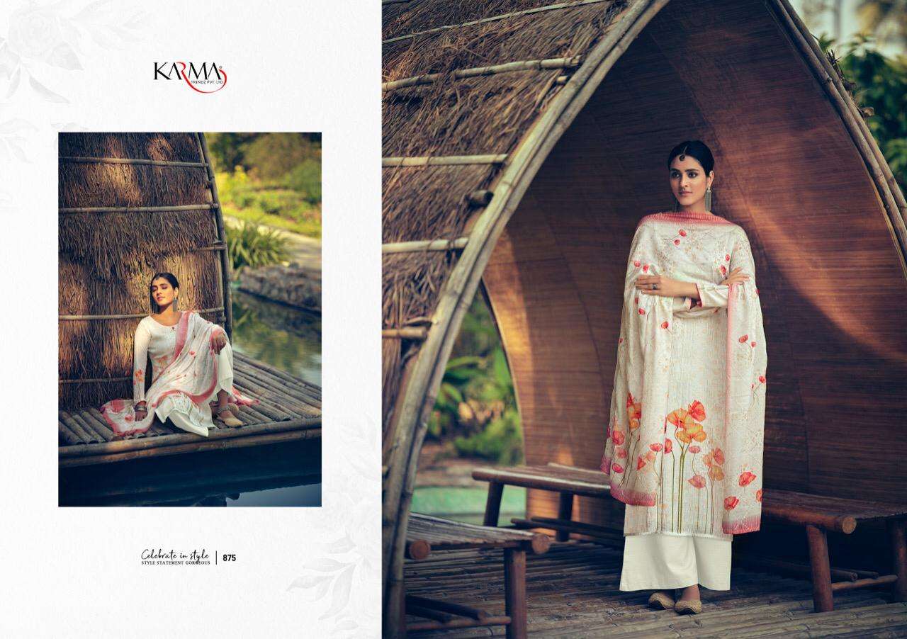 RIWAAZ BY KARMA TRENDZ 873 TO 878 SERIES BEAUTIFUL SUITS COLORFUL STYLISH FANCY CASUAL WEAR & ETHNIC WEAR MUSLIN DIGITAL PRINT WITH EMBROIDERY WORK DRESSES AT WHOLESALE PRICE