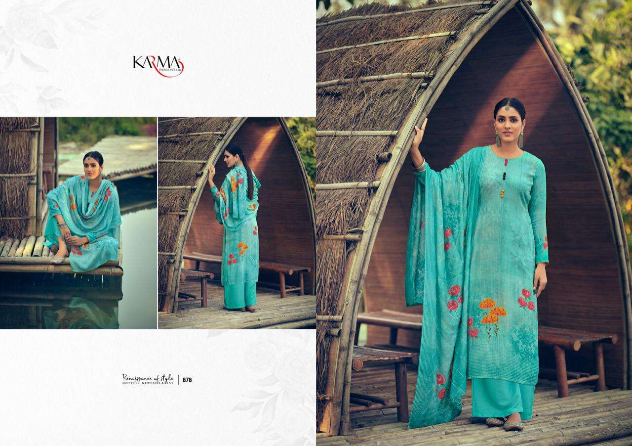 RIWAAZ BY KARMA TRENDZ 873 TO 878 SERIES BEAUTIFUL SUITS COLORFUL STYLISH FANCY CASUAL WEAR & ETHNIC WEAR MUSLIN DIGITAL PRINT WITH EMBROIDERY WORK DRESSES AT WHOLESALE PRICE