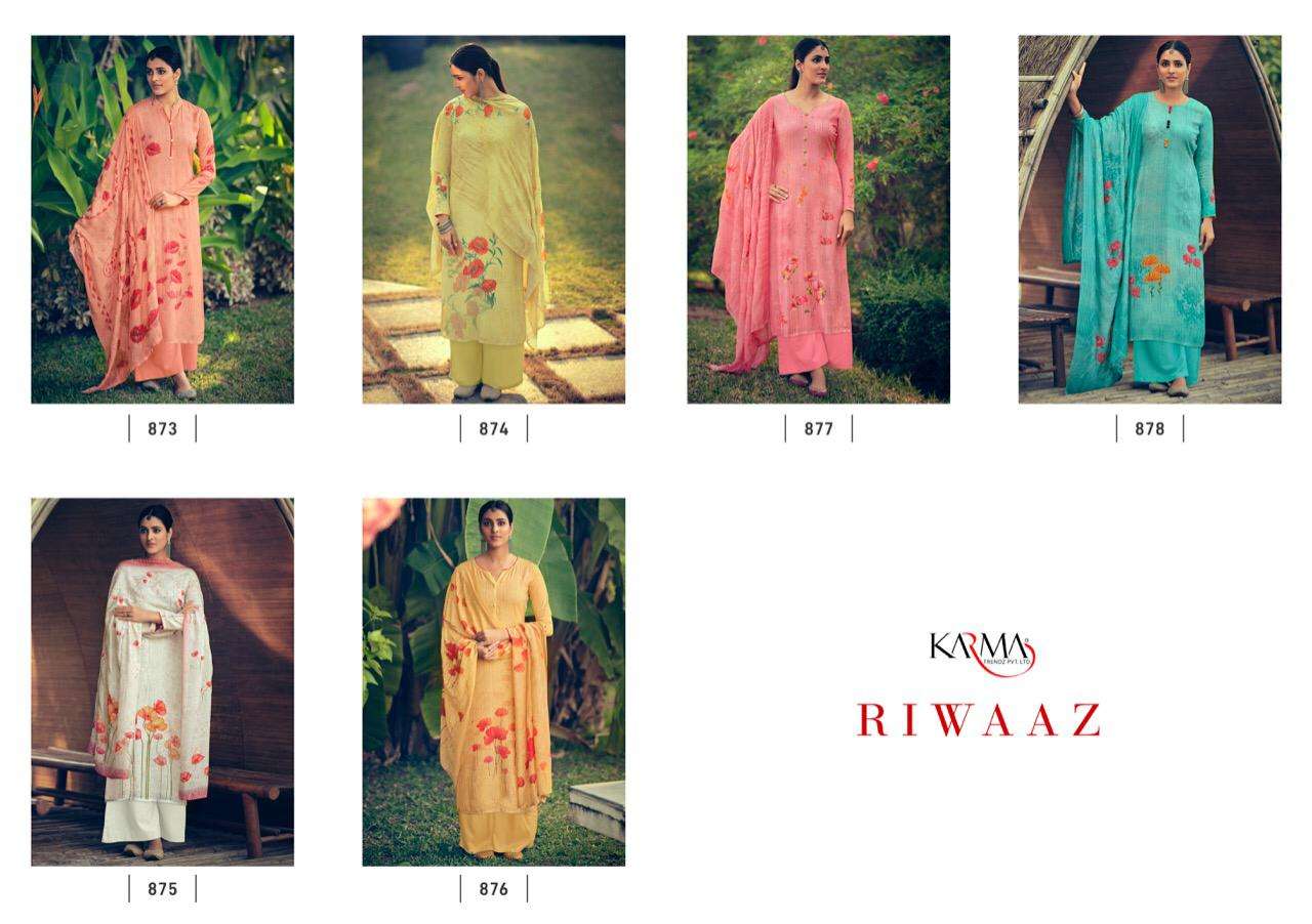 RIWAAZ BY KARMA TRENDZ 873 TO 878 SERIES BEAUTIFUL SUITS COLORFUL STYLISH FANCY CASUAL WEAR & ETHNIC WEAR MUSLIN DIGITAL PRINT WITH EMBROIDERY WORK DRESSES AT WHOLESALE PRICE