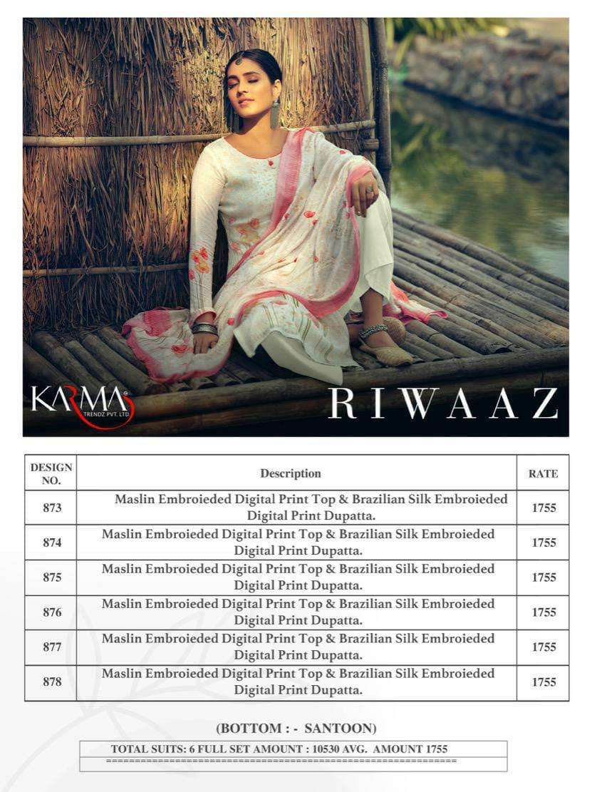 RIWAAZ BY KARMA TRENDZ 873 TO 878 SERIES BEAUTIFUL SUITS COLORFUL STYLISH FANCY CASUAL WEAR & ETHNIC WEAR MUSLIN DIGITAL PRINT WITH EMBROIDERY WORK DRESSES AT WHOLESALE PRICE