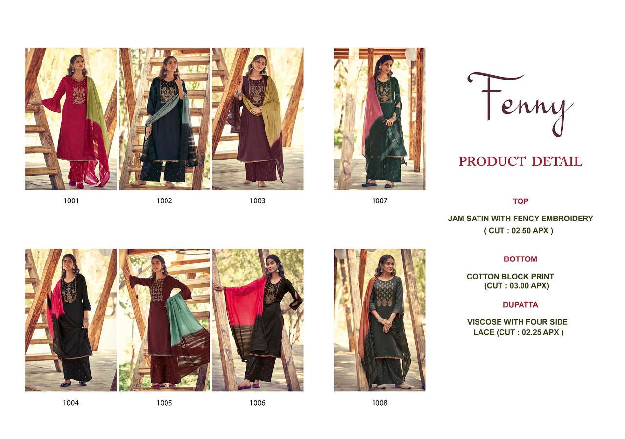 FENNY BY SWEETY FASHION 1001 TO 1008 SERIES BEAUTIFUL SUITS STYLISH FANCY COLORFUL CASUAL WEAR & ETHNIC WEAR JAM SATIN EMBROIDERY DRESSES AT WHOLESALE PRICE