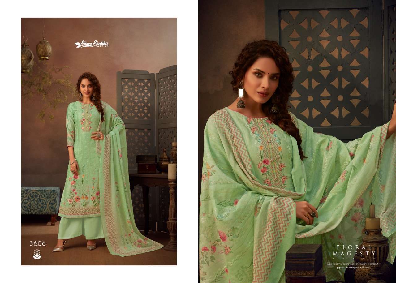 SHALIKA VOL-72 BY SHREE SHALIKA FASHION 3601 TO 3608 SERIES BEAUTIFUL STYLISH SUITS FANCY COLORFUL CASUAL WEAR & ETHNIC WEAR & READY TO WEAR JAM SATIN DIGITAL PRINT WITH AARI WORK DRESSES AT WHOLESALE PRICE