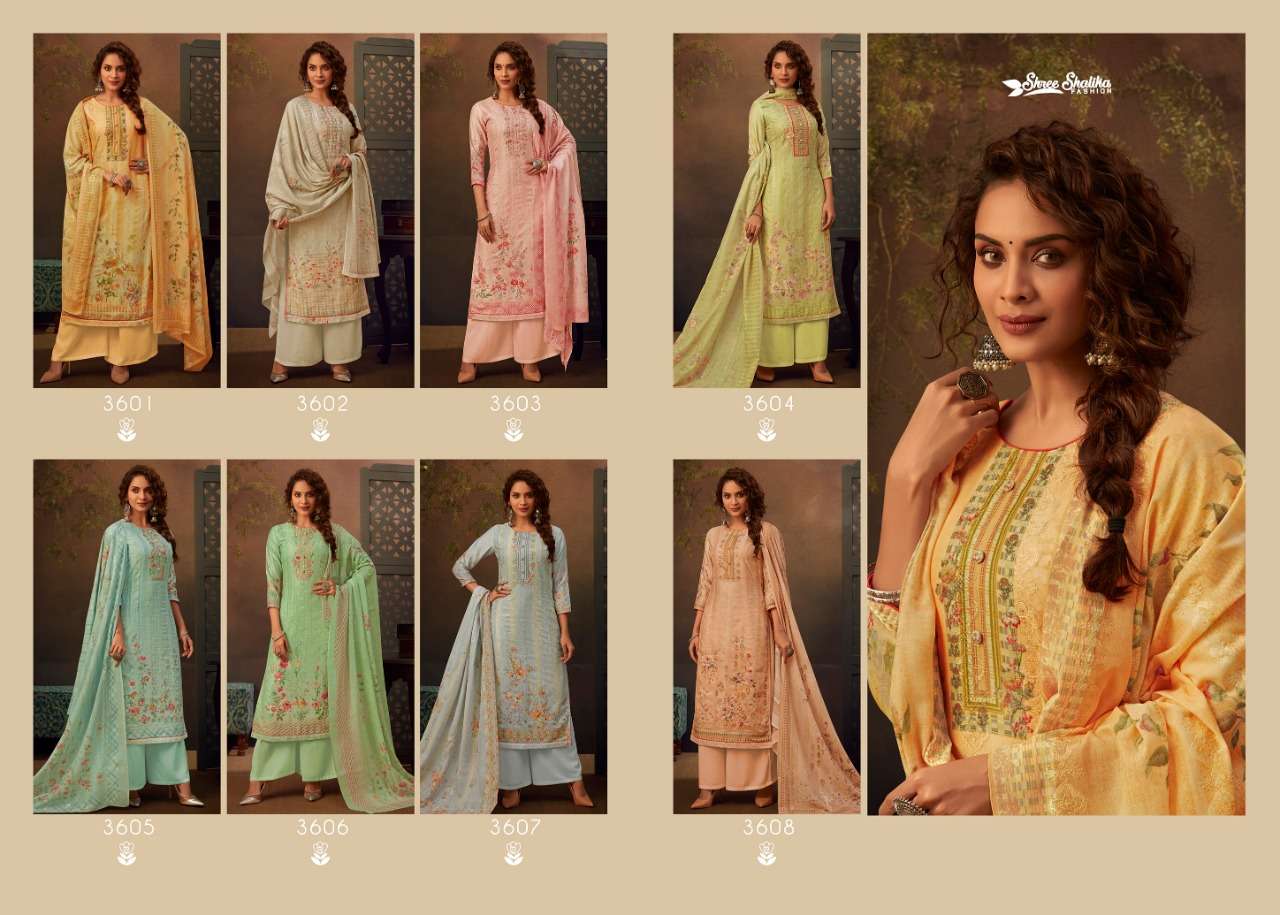 SHALIKA VOL-72 BY SHREE SHALIKA FASHION 3601 TO 3608 SERIES BEAUTIFUL STYLISH SUITS FANCY COLORFUL CASUAL WEAR & ETHNIC WEAR & READY TO WEAR JAM SATIN DIGITAL PRINT WITH AARI WORK DRESSES AT WHOLESALE PRICE