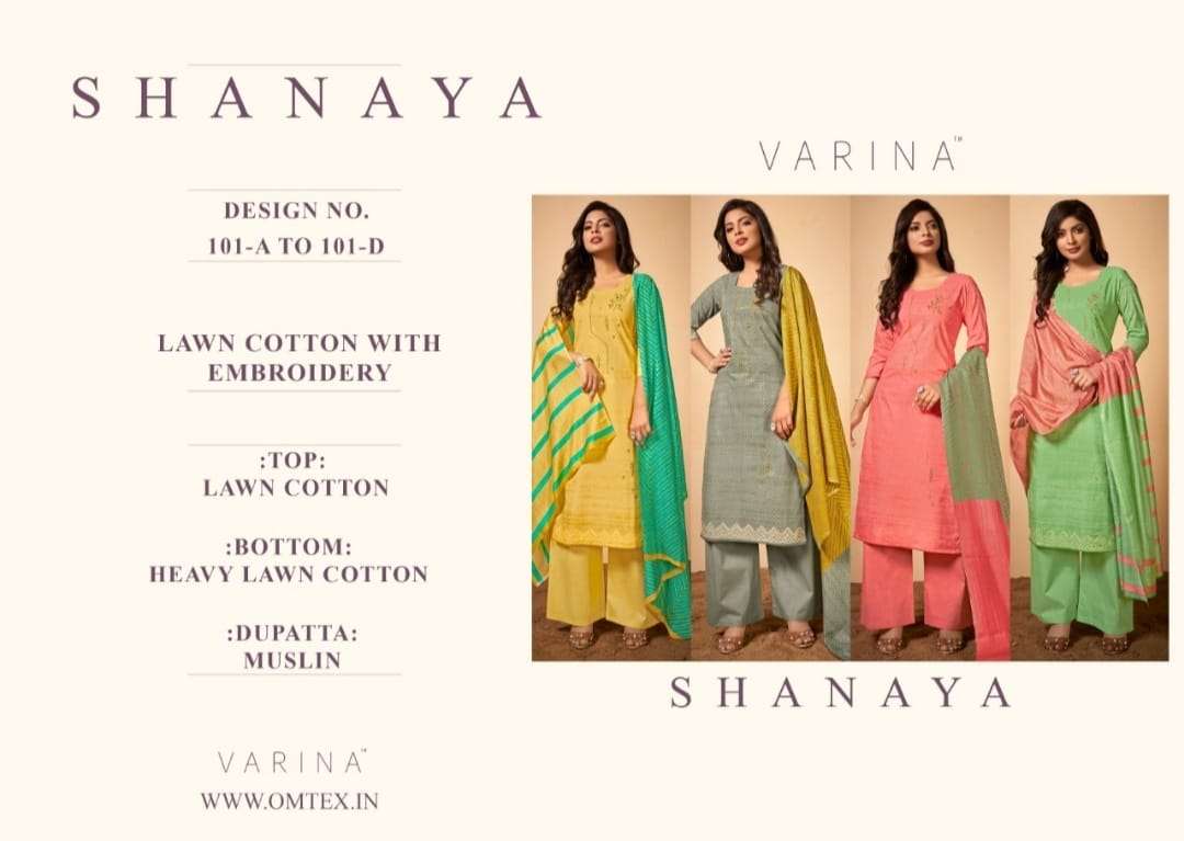 SHANAYA BY VARINA 101-A TO 101-D SERIES BEAUTIFUL SUITS COLORFUL STYLISH FANCY CASUAL WEAR & ETHNIC WEAR LAWN COTTON EMBROIDERED DRESSES AT WHOLESALE PRICE