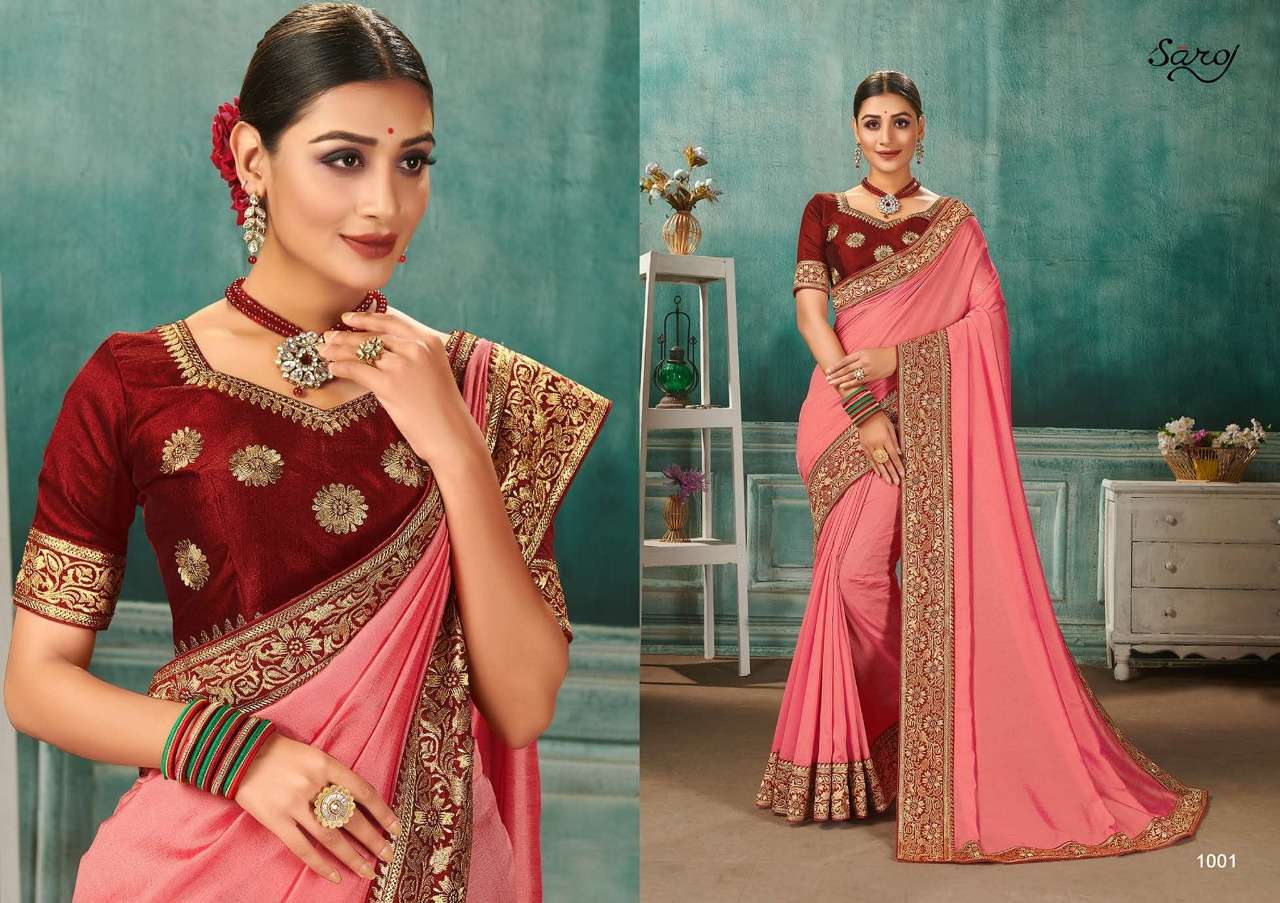 NANDINI BY SAROJ 1001 TO 1008 SERIES INDIAN TRADITIONAL WEAR COLLECTION BEAUTIFUL STYLISH FANCY COLORFUL PARTY WEAR & OCCASIONAL WEAR VICHITRA SILK SAREES AT WHOLESALE PRICE