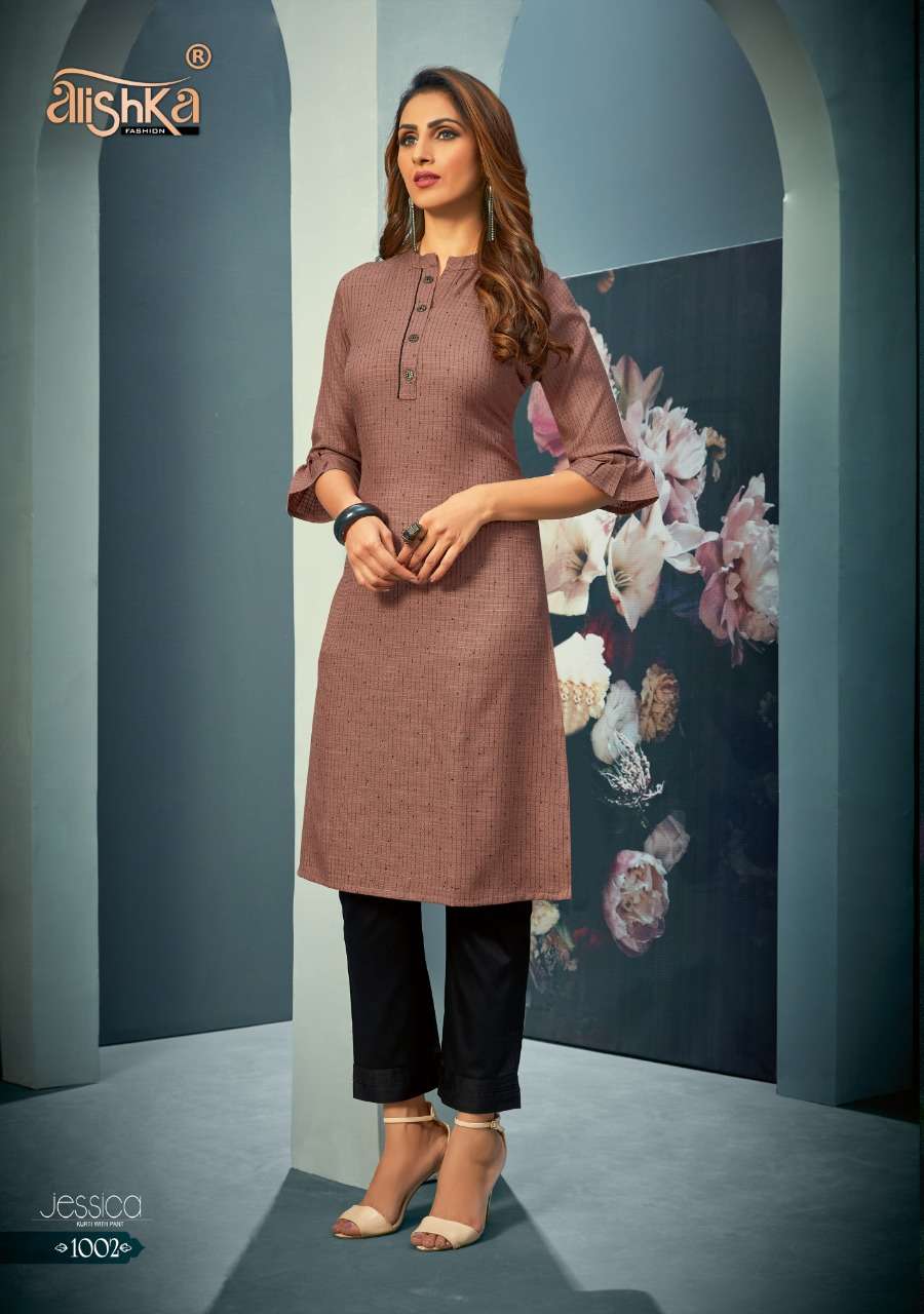 JESSICA BY ALISHKA FASHION 1001 TO 1004 SERIES DESIGNER STYLISH FANCY COLORFUL BEAUTIFUL PARTY WEAR & ETHNIC WEAR COLLECTION RAYON EMBROIDERY KURTIS WITH BOTTOM AT WHOLESALE PRICE