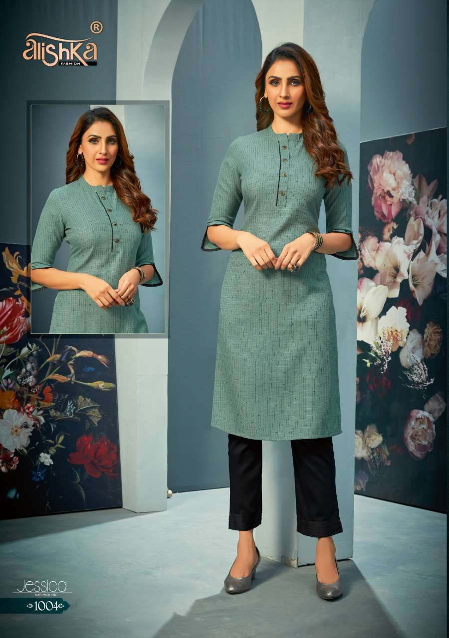 JESSICA BY ALISHKA FASHION 1001 TO 1004 SERIES DESIGNER STYLISH FANCY COLORFUL BEAUTIFUL PARTY WEAR & ETHNIC WEAR COLLECTION RAYON EMBROIDERY KURTIS WITH BOTTOM AT WHOLESALE PRICE