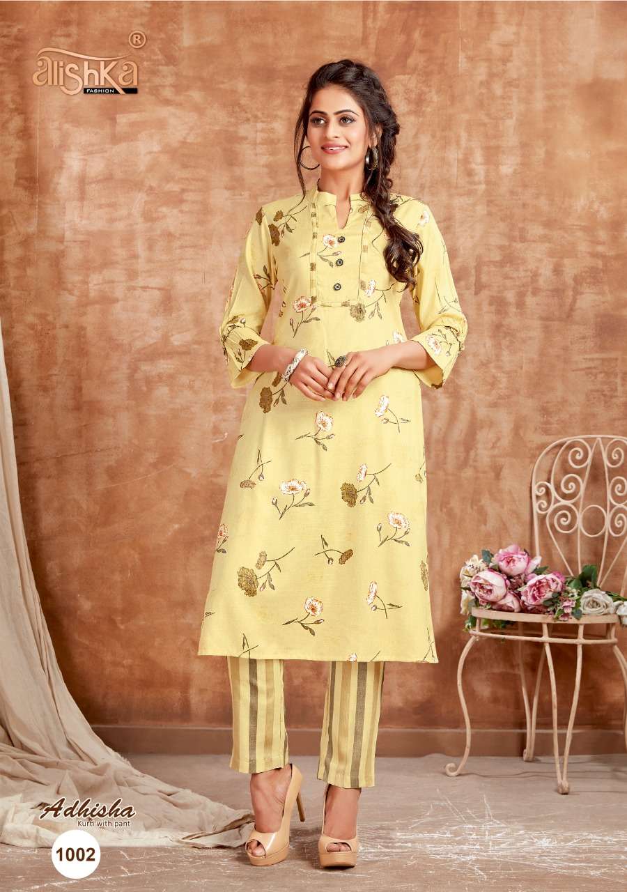 ADHISHA BY ALISHKA FASHION 1001 TO 1004 SERIES DESIGNER STYLISH FANCY COLORFUL BEAUTIFUL PARTY WEAR & ETHNIC WEAR COLLECTION RAYON FOIL PRINT KURTIS WITH BOTTOM AT WHOLESALE PRICE