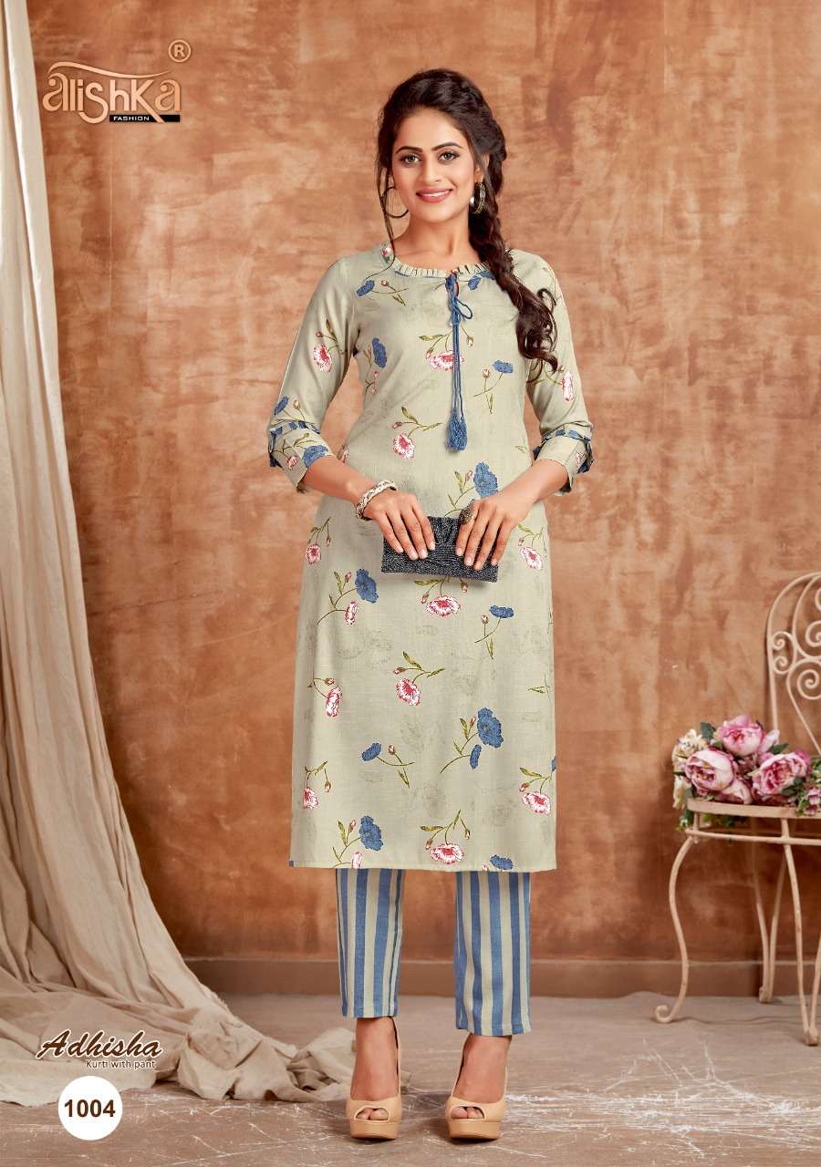 ADHISHA BY ALISHKA FASHION 1001 TO 1004 SERIES DESIGNER STYLISH FANCY COLORFUL BEAUTIFUL PARTY WEAR & ETHNIC WEAR COLLECTION RAYON FOIL PRINT KURTIS WITH BOTTOM AT WHOLESALE PRICE