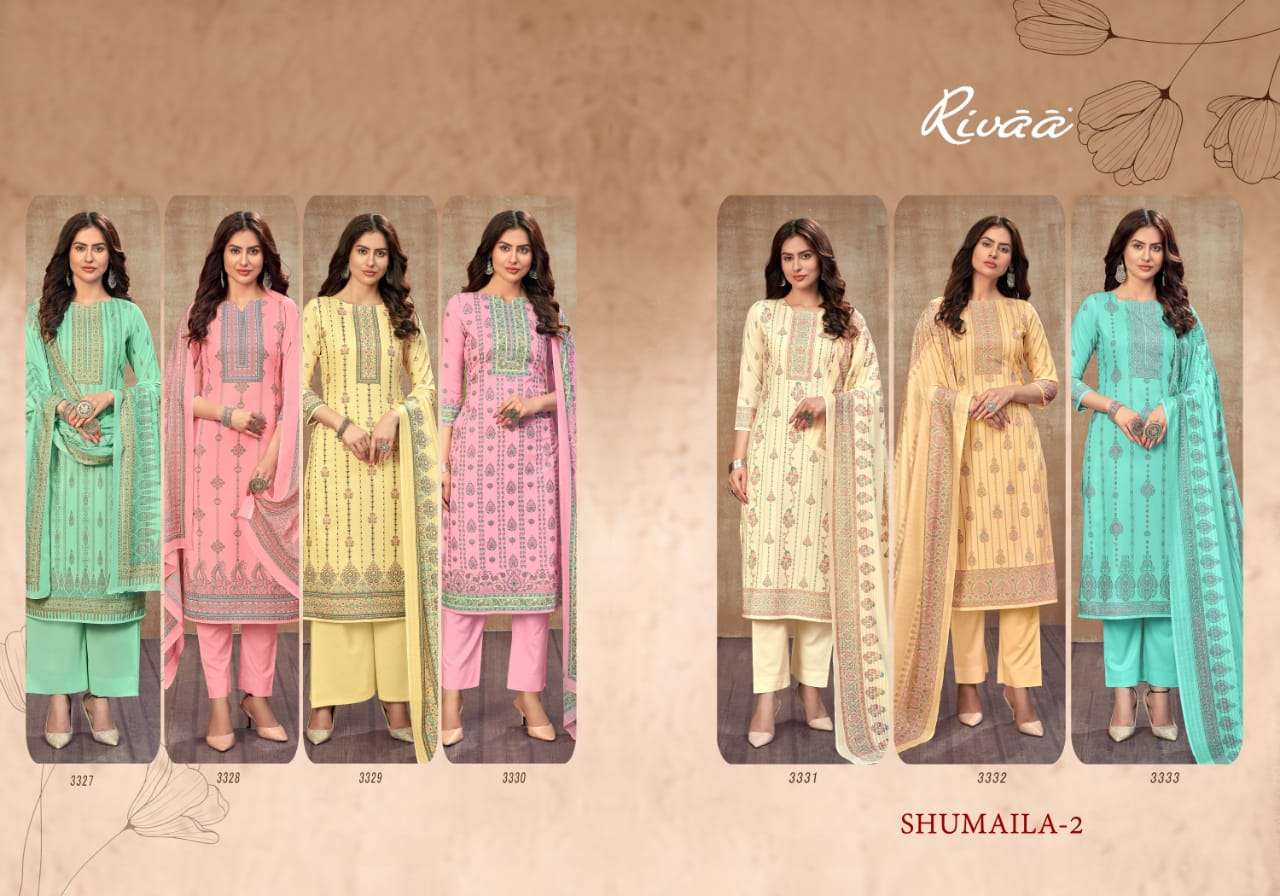 SHUMAILA VOL-2 BY RIVAA 3327 TO 3333 SERIES BEAUTIFUL SUITS COLORFUL STYLISH FANCY CASUAL WEAR & ETHNIC WEAR COTTON DIGITAL PRINT DRESSES AT WHOLESALE PRICE