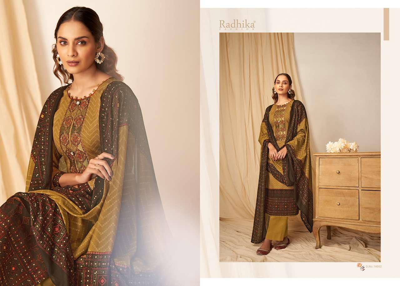 MUSSARET VOL-14 BY AZARA 14001 TO 14008 SERIES BEAUTIFUL COLORFUL STYLISH PRETTY PARTY WEAR CASUAL WEAR OCCASIONAL WEAR PURE CAMBRIC COTTON PRINT WITH EMBROIDERED DRESSES AT WHOLESALE PRICE