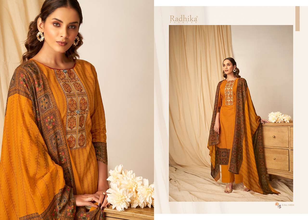 MUSSARET VOL-14 BY AZARA 14001 TO 14008 SERIES BEAUTIFUL COLORFUL STYLISH PRETTY PARTY WEAR CASUAL WEAR OCCASIONAL WEAR PURE CAMBRIC COTTON PRINT WITH EMBROIDERED DRESSES AT WHOLESALE PRICE