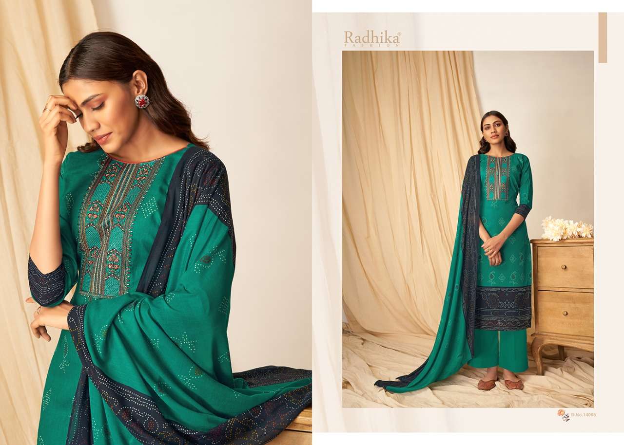 MUSSARET VOL-14 BY AZARA 14001 TO 14008 SERIES BEAUTIFUL COLORFUL STYLISH PRETTY PARTY WEAR CASUAL WEAR OCCASIONAL WEAR PURE CAMBRIC COTTON PRINT WITH EMBROIDERED DRESSES AT WHOLESALE PRICE