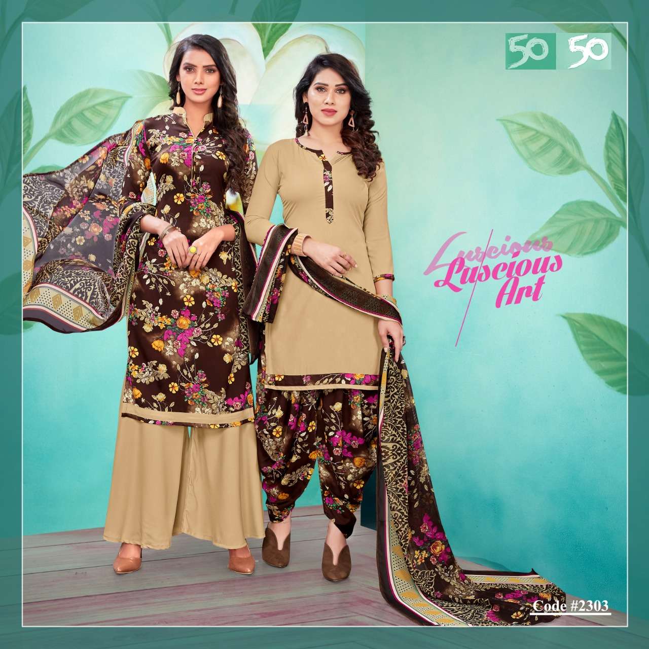 50 50 VOL-23 BY APPLE LEAF 2301 TO 2312 SERIES BEAUTIFUL SUITS COLORFUL STYLISH FANCY CASUAL WEAR & ETHNIC WEAR FANCY DRESSES AT WHOLESALE PRICE