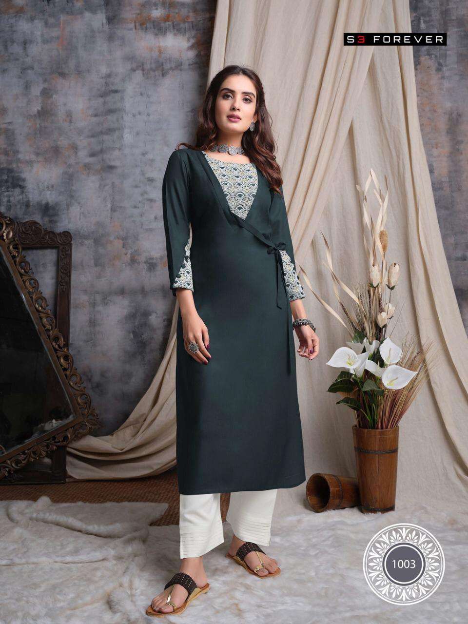 LUCKNOWI BY S3 FOREVER 1001 TO 1005 SERIES DESIGNER STYLISH FANCY COLORFUL BEAUTIFUL PARTY WEAR & ETHNIC WEAR COLLECTION PURE REYAON WORK KURTIS WITH BOTTOM AT WHOLESALE PRICE