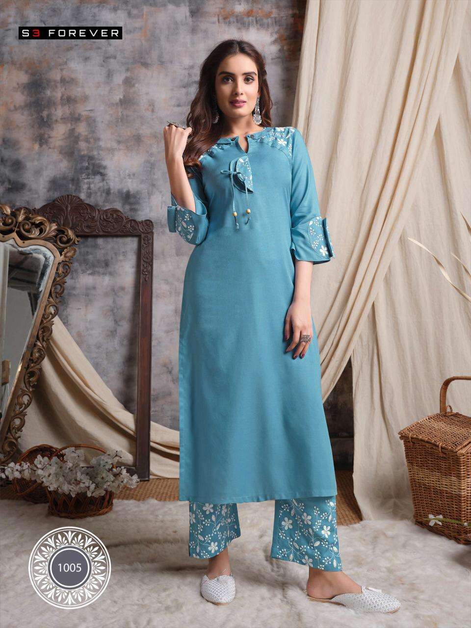 LUCKNOWI BY S3 FOREVER 1001 TO 1005 SERIES DESIGNER STYLISH FANCY COLORFUL BEAUTIFUL PARTY WEAR & ETHNIC WEAR COLLECTION PURE REYAON WORK KURTIS WITH BOTTOM AT WHOLESALE PRICE