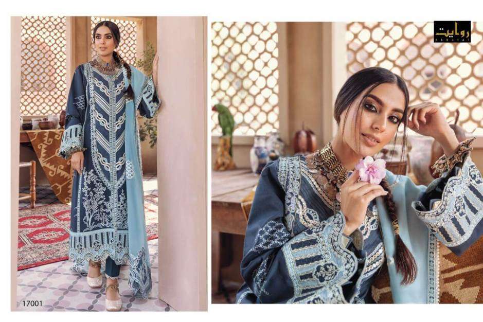 ALZOHAIB VOL-2 BY RAWAYAT 17001 TO 17005 SERIES BEAUTIFUL SUITS STYLISH COLORFUL FANCY CASUAL WEAR & ETHNIC WEAR PURE COTTON EMBROIDERED DRESSES AT WHOLESALE PRICE