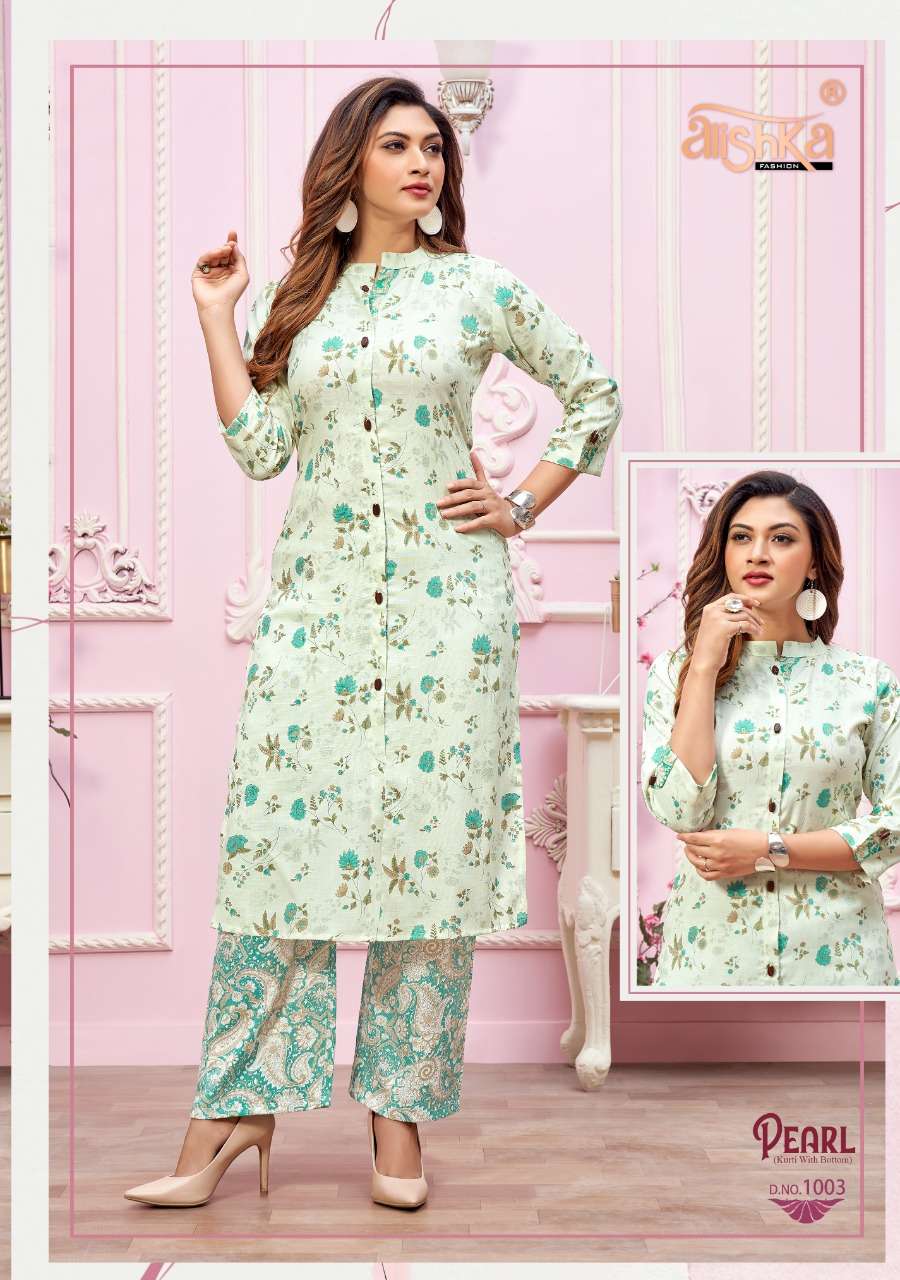 PEARL BY ALISHKA FASHION 1001 TO 1004 SERIES BEAUTIFUL SUITS STYLISH FANCY COLORFUL PARTY WEAR & OCCASIONAL WEAR RAYON SLUB KURTIS WITH BOTTOM AT WHOLESALE PRICE