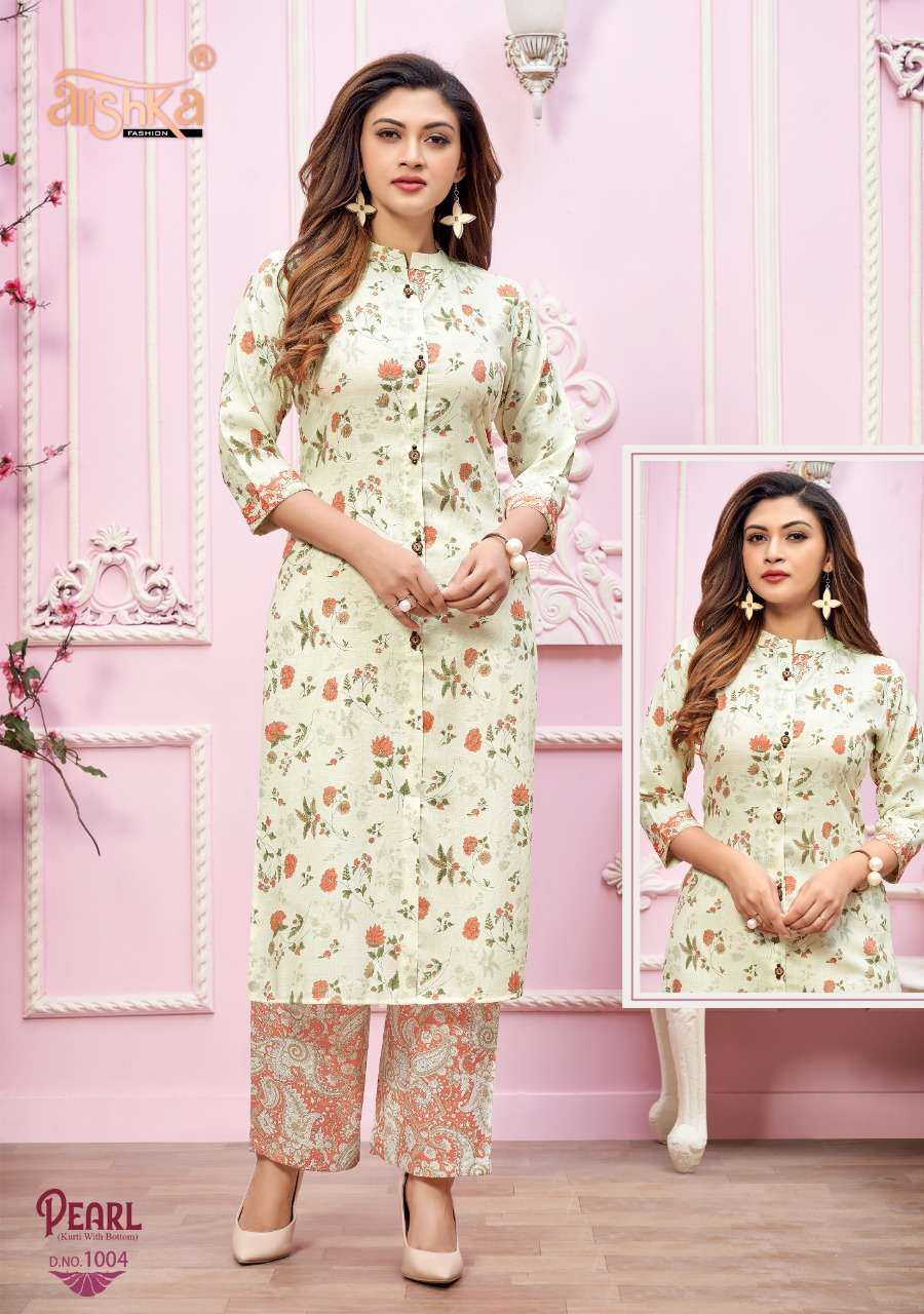 PEARL BY ALISHKA FASHION 1001 TO 1004 SERIES BEAUTIFUL SUITS STYLISH FANCY COLORFUL PARTY WEAR & OCCASIONAL WEAR RAYON SLUB KURTIS WITH BOTTOM AT WHOLESALE PRICE