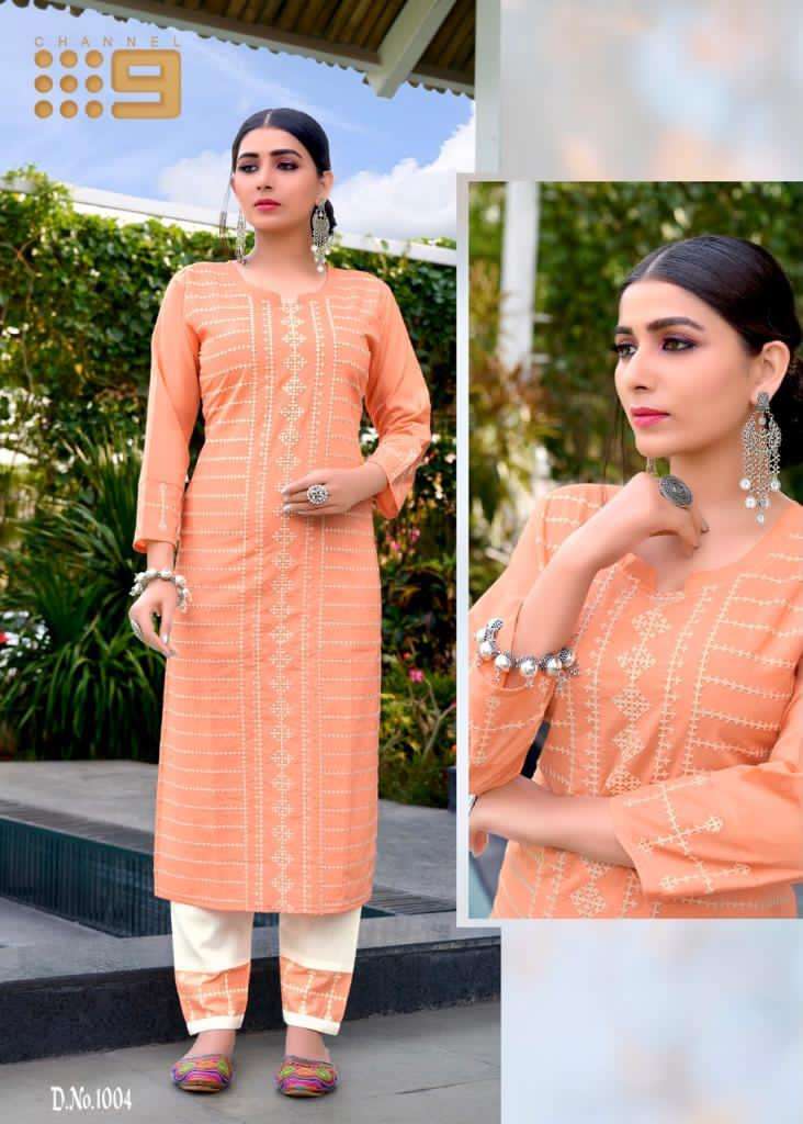 SHALEEN BY C9 1001 TO 1006 SERIES DESIGNER STYLISH FANCY COLORFUL BEAUTIFUL PARTY WEAR & ETHNIC WEAR COLLECTION PURE COTTON EMBROIDERY KURTIS WITH BOTTOM AT WHOLESALE PRICE