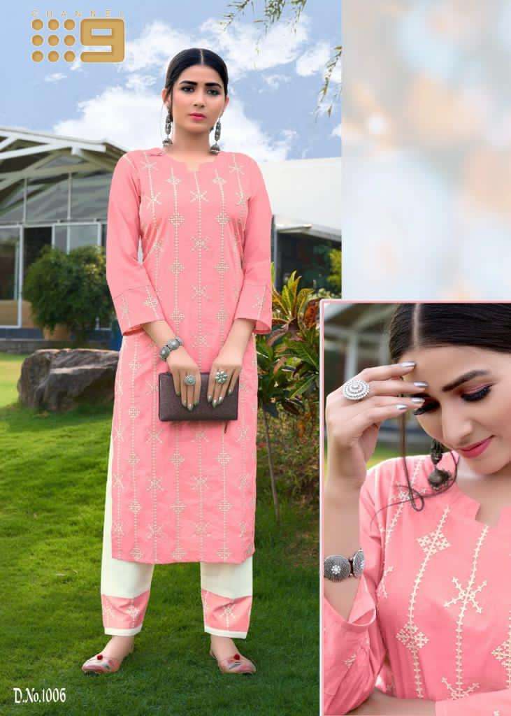 SHALEEN BY C9 1001 TO 1006 SERIES DESIGNER STYLISH FANCY COLORFUL BEAUTIFUL PARTY WEAR & ETHNIC WEAR COLLECTION PURE COTTON EMBROIDERY KURTIS WITH BOTTOM AT WHOLESALE PRICE