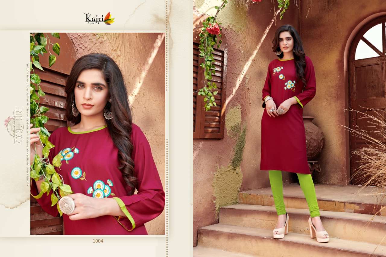 FLORENCE VOL-2 BY KAJRI STYLE 1001 TO 1006 SERIES DESIGNER STYLISH FANCY COLORFUL BEAUTIFUL PARTY WEAR & ETHNIC WEAR COLLECTION HEAVY RAYON EMBROIDERY KURTIS AT WHOLESALE PRICE