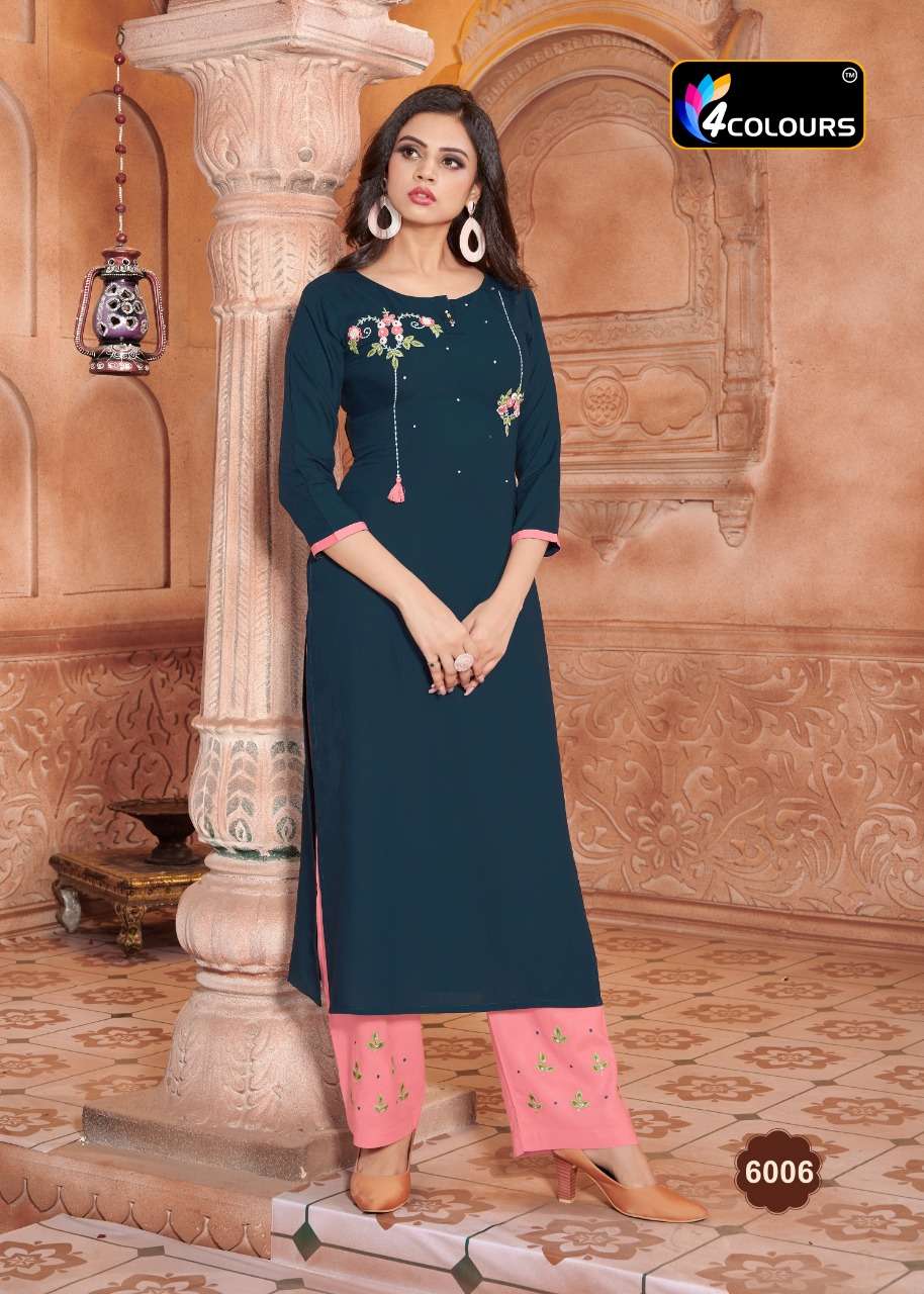 VINTAGE BY 4 COLOURS 6001 TO 6006 SERIES DESIGNER STYLISH FANCY COLORFUL BEAUTIFUL PARTY WEAR & ETHNIC WEAR COLLECTION HEAVY RAYON KURTIS WITH BOTTOM AT WHOLESALE PRICE