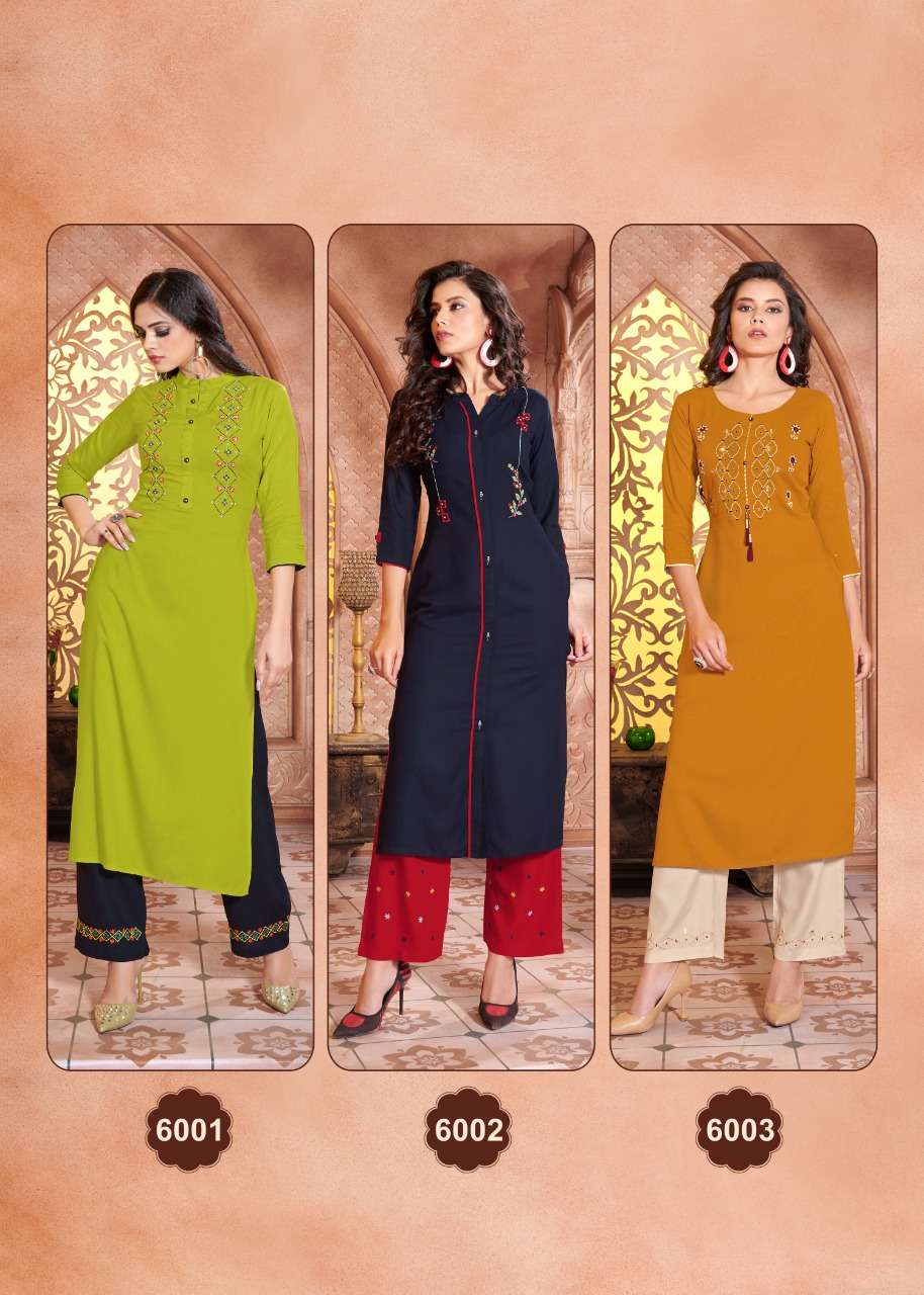 VINTAGE BY 4 COLOURS 6001 TO 6006 SERIES DESIGNER STYLISH FANCY COLORFUL BEAUTIFUL PARTY WEAR & ETHNIC WEAR COLLECTION HEAVY RAYON KURTIS WITH BOTTOM AT WHOLESALE PRICE