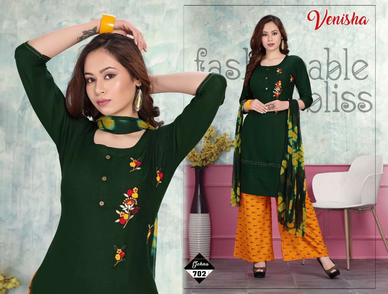 GEHNA BY VENISHA 701 TO 706 SERIES BEAUTIFUL SUITS COLORFUL STYLISH FANCY CASUAL WEAR & ETHNIC WEAR RAYON EMBROIDERED DRESSES AT WHOLESALE PRICE