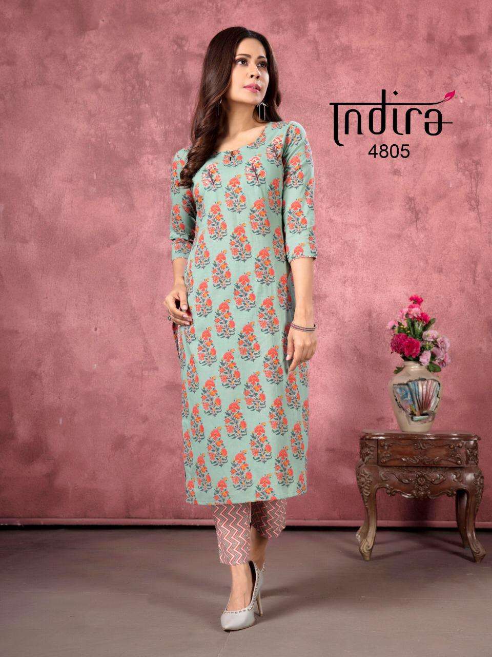 ROZ MEHER VOL-2 BY INDIRA 4801 TO 4805 SERIES DESIGNER STYLISH FANCY COLORFUL BEAUTIFUL PARTY WEAR & ETHNIC WEAR COLLECTION PURE CAMBRIC COTTON EMBROIDERY KURTIS WITH BOTTOM AT WHOLESALE PRICE