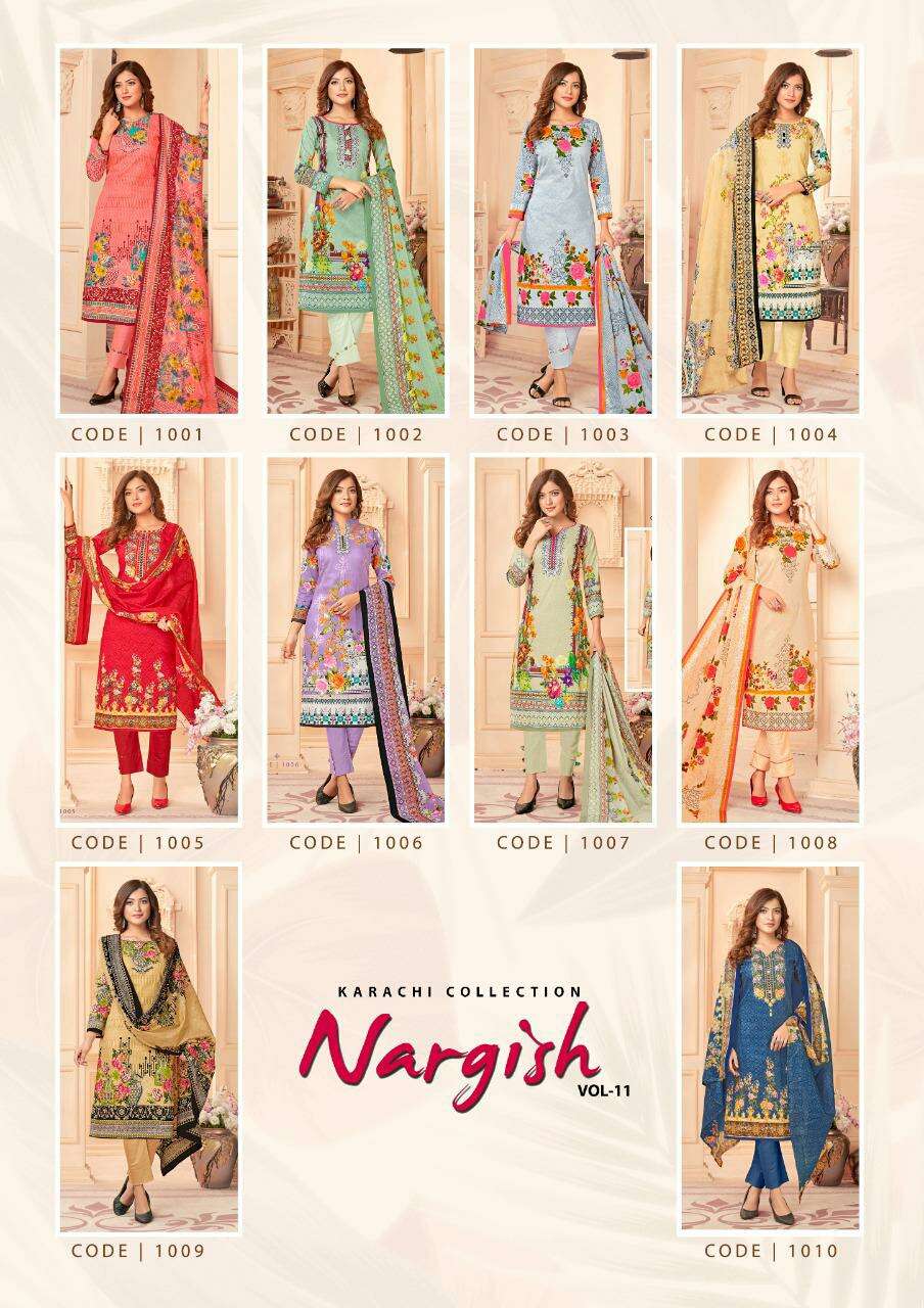 NARGISH VOL-11 BY JAGRUTI 1001 TO 1010 SERIES BEAUTIFUL SUITS COLORFUL STYLISH FANCY CASUAL WEAR & ETHNIC WEAR PURE COTTON DRESSES AT WHOLESALE PRICE