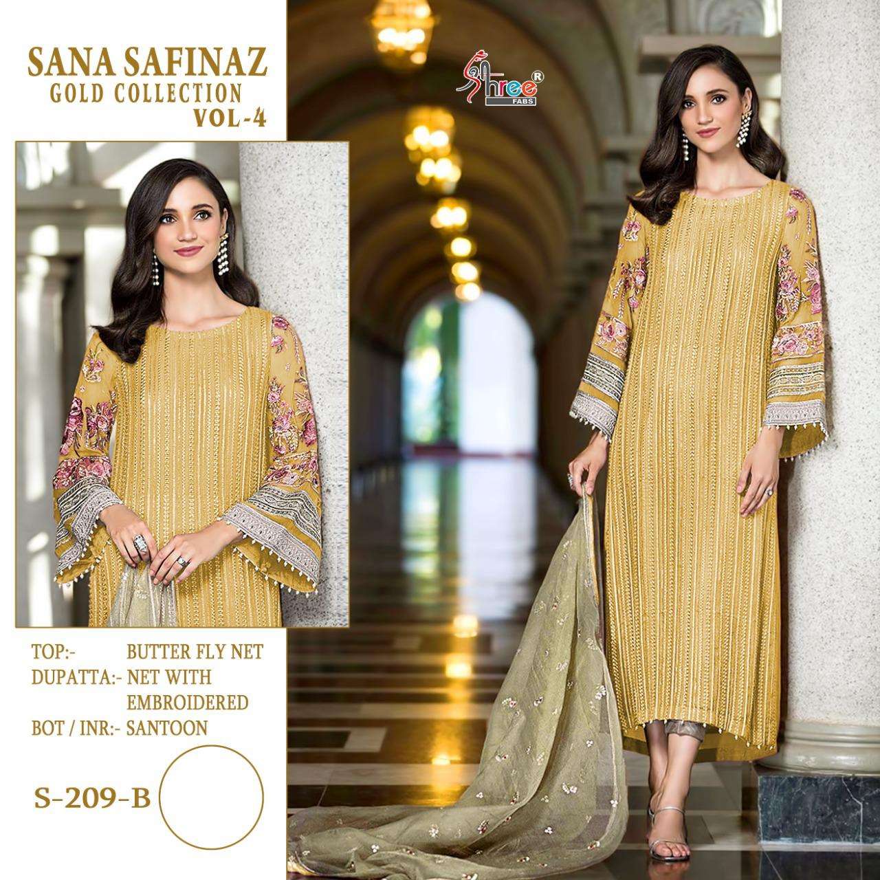 SANA SAFINAZ GOLD COLLECTION VOL-4 BY SHREE FABS 209-B TO 209-F SERIES PAKISTANI STYLISH BEAUTIFUL COLOURFUL PRINTED & EMBROIDERED PARTY WEAR & OCCASIONAL WEAR BUTTERFLY NET EMBROIDERED DRESSES AT WHOLESALE PRICE