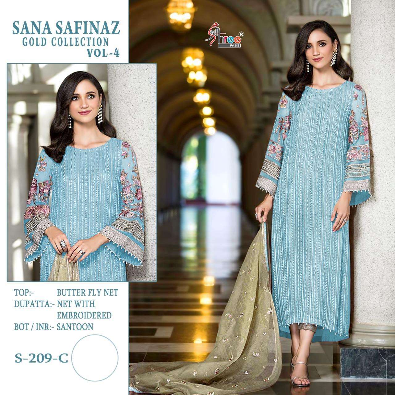 SANA SAFINAZ GOLD COLLECTION VOL-4 BY SHREE FABS 209-B TO 209-F SERIES PAKISTANI STYLISH BEAUTIFUL COLOURFUL PRINTED & EMBROIDERED PARTY WEAR & OCCASIONAL WEAR BUTTERFLY NET EMBROIDERED DRESSES AT WHOLESALE PRICE