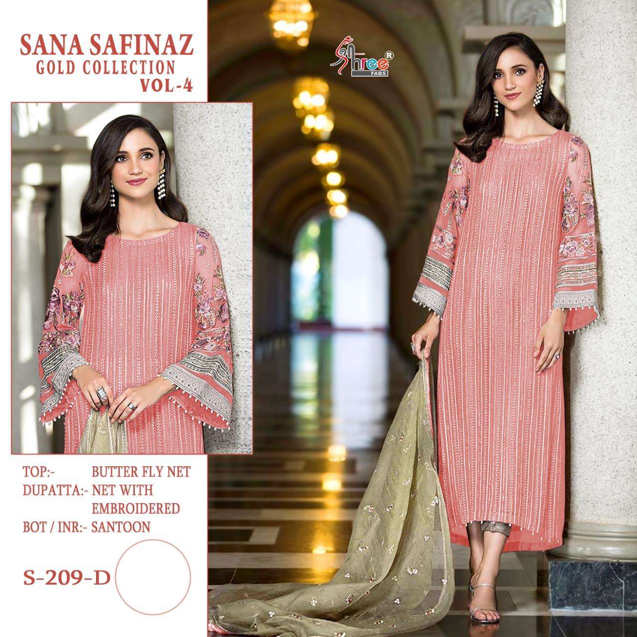 SANA SAFINAZ GOLD COLLECTION VOL-4 BY SHREE FABS 209-B TO 209-F SERIES PAKISTANI STYLISH BEAUTIFUL COLOURFUL PRINTED & EMBROIDERED PARTY WEAR & OCCASIONAL WEAR BUTTERFLY NET EMBROIDERED DRESSES AT WHOLESALE PRICE