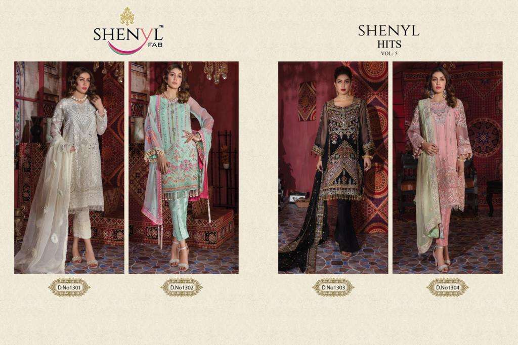 SHENYL HITS VOL-5 BY SHENYL FAB 1301 TO 1304 SERIES DESIGNER PAKISTANI SUITS BEAUTIFUL STYLISH FANCY COLORFUL PARTY WEAR & OCCASIONAL WEAR FAUX GEORGETTE EMBROIDERY DRESSES AT WHOLESALE PRICE