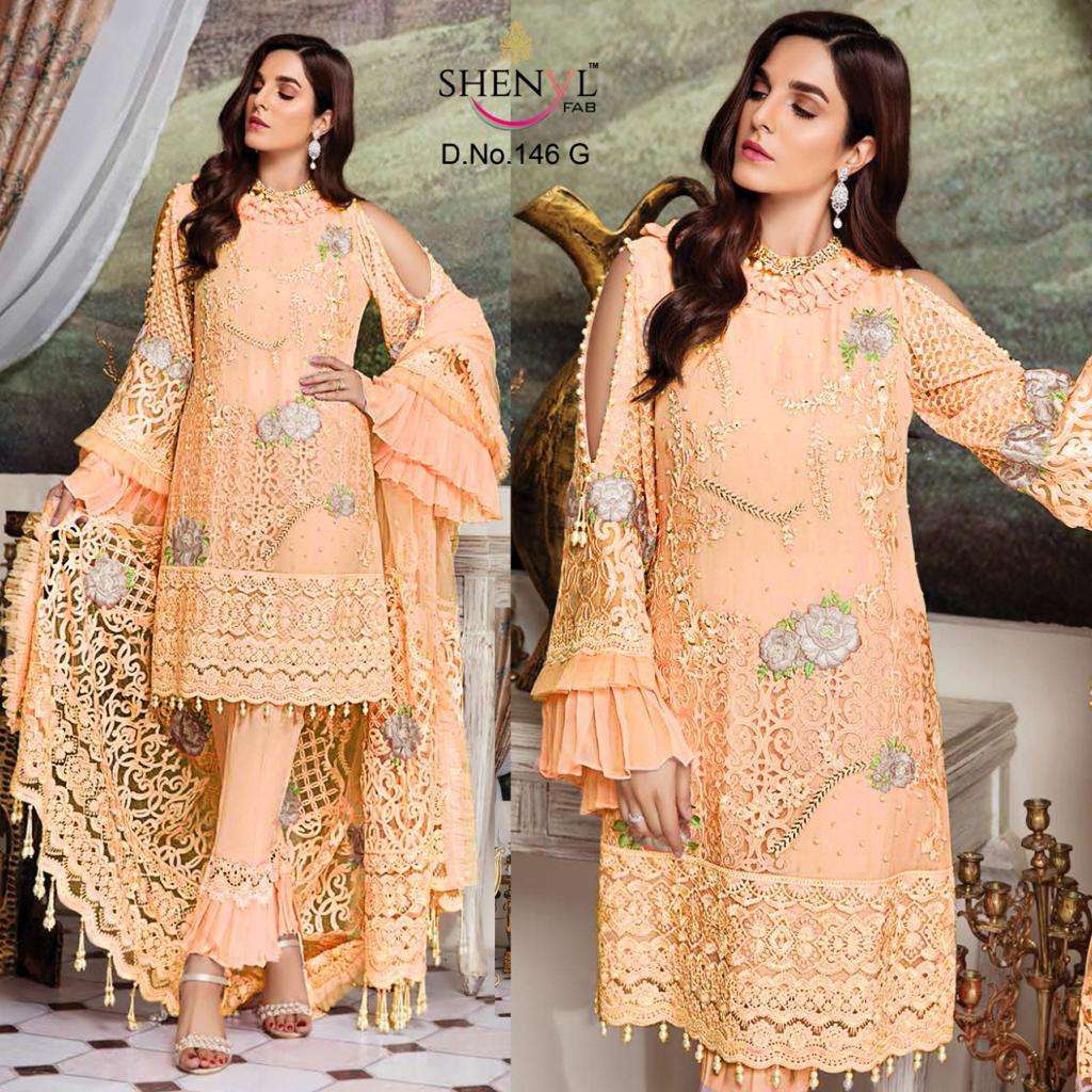 SHENYL 146 COLOURS BY SHENYL FABS 146-E TO 146-H DESIGNER PAKISTANI SUITS BEAUTIFUL STYLISH FANCY COLORFUL PARTY WEAR & OCCASIONAL WEAR FAUX GEORGETTE EMBROIDERY DRESSES AT WHOLESALE PRICE