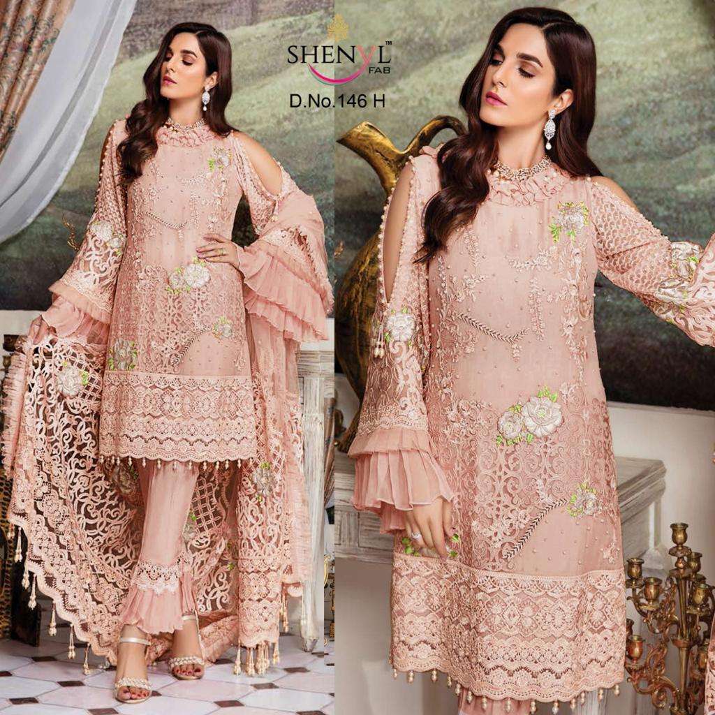 SHENYL 146 COLOURS BY SHENYL FABS 146-E TO 146-H DESIGNER PAKISTANI SUITS BEAUTIFUL STYLISH FANCY COLORFUL PARTY WEAR & OCCASIONAL WEAR FAUX GEORGETTE EMBROIDERY DRESSES AT WHOLESALE PRICE