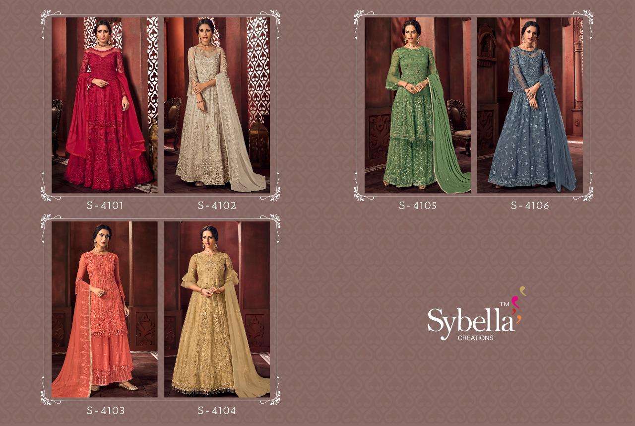 ROYALISM BY SYBELLA CREATION 4101 TO 4106 SERIES BEAUTIFUL STYLISH ANARKALI SUITS FANCY COLORFUL CASUAL WEAR & ETHNIC WEAR & READY TO WEAR HEAVY NET DRESSES AT WHOLESALE PRICE