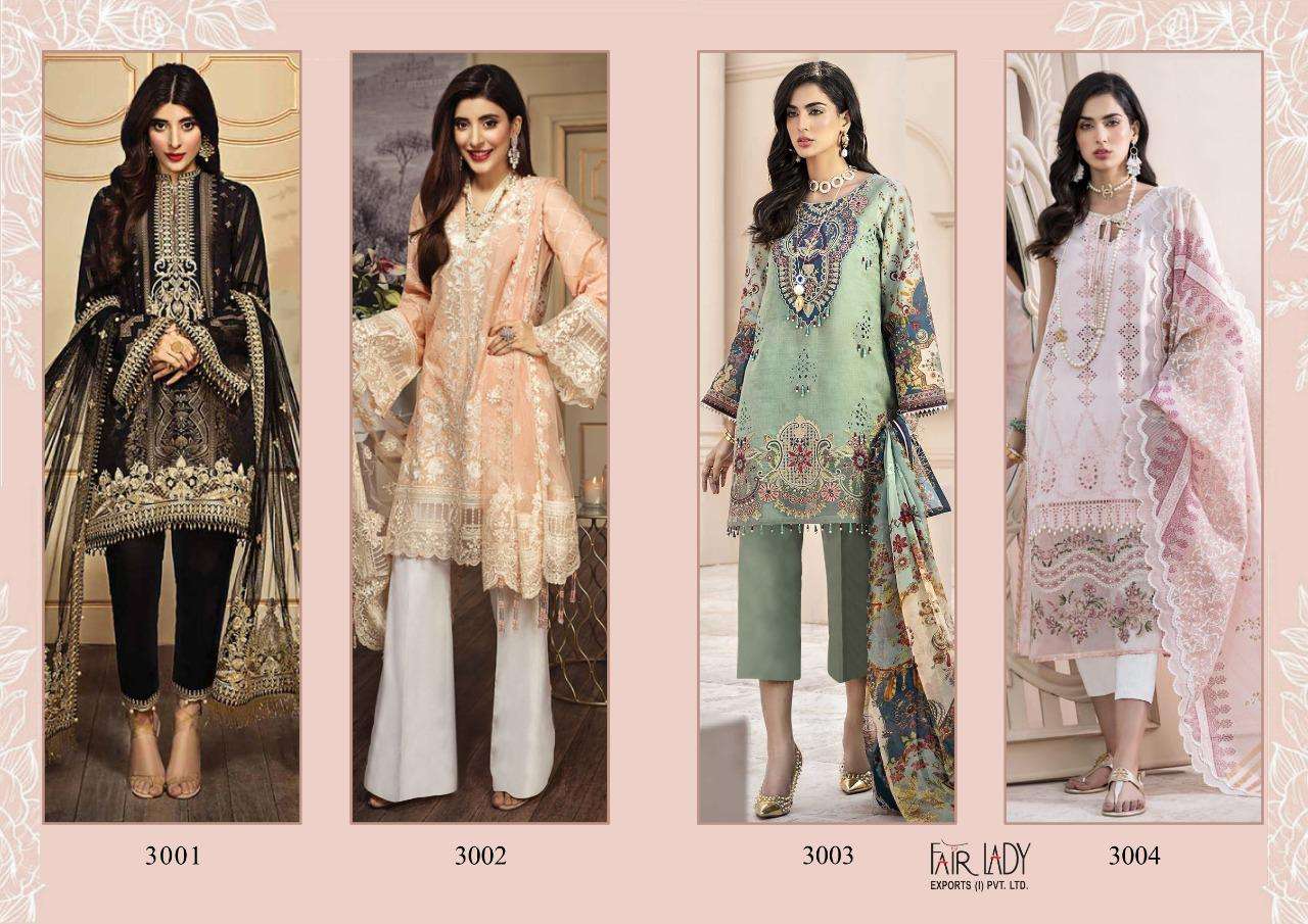NOOR BY FAIR LADY 3001 TO 3004 SERIES PAKISTANI SUITS BEAUTIFUL FANCY COLORFUL STYLISH PARTY WEAR & OCCASIONAL WEAR PURE JAM SATIN DIGITAL PRINT WITH EMBROIDERY DRESSES AT WHOLESALE PRICE