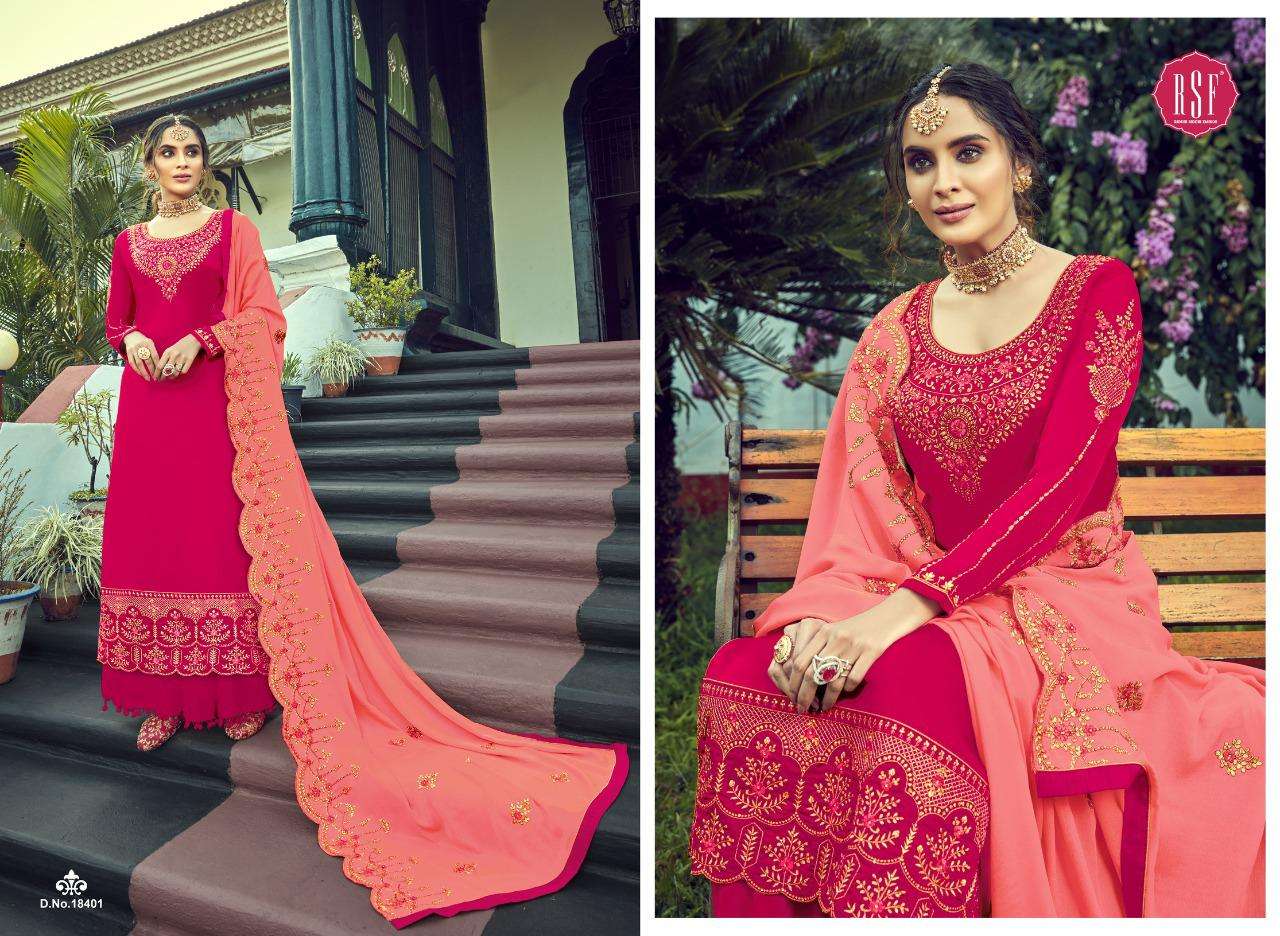 OZAS BY RIDDHI SIDDHI FASHION 18401 TO 18406 SERIES BEAUTIFUL STYLISH SHARARA SUITS FANCY COLORFUL CASUAL WEAR & ETHNIC WEAR & READY TO WEAR PURE SATIN GEORGETTE EMBROIDERED DRESSES AT WHOLESALE PRICE